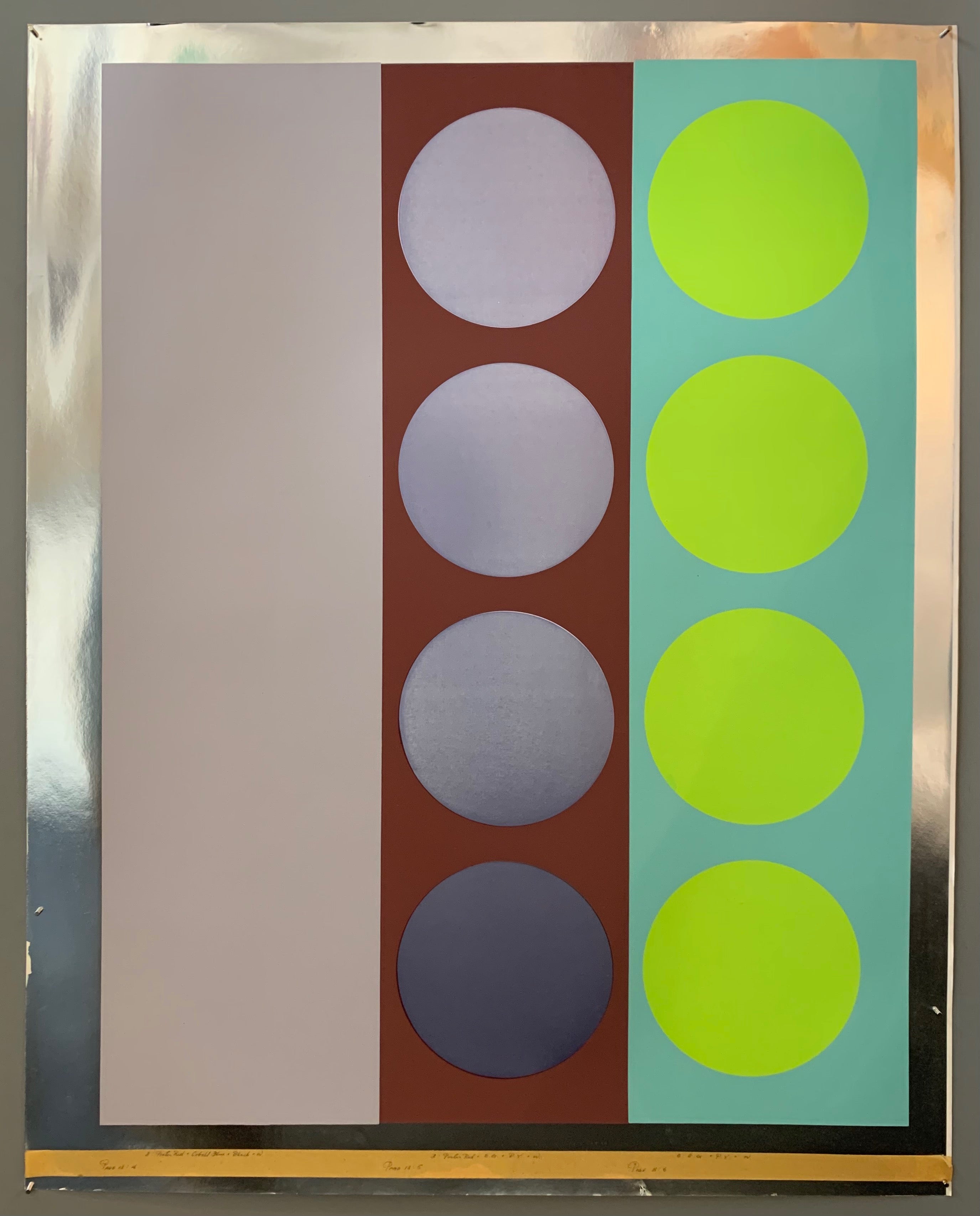 Two rows of circles and three panels on a silkscreen