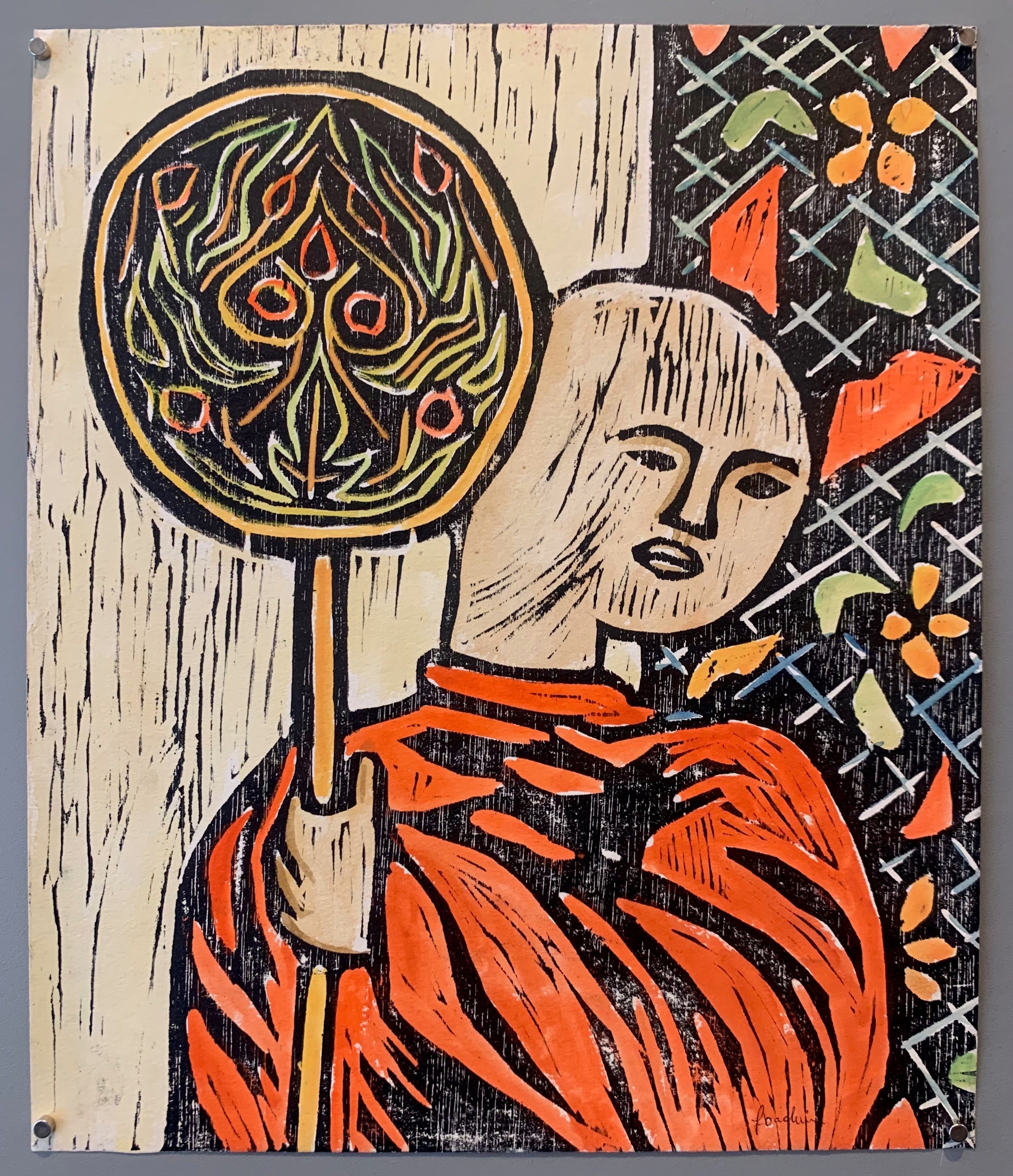 woodblock of a monk with a staff