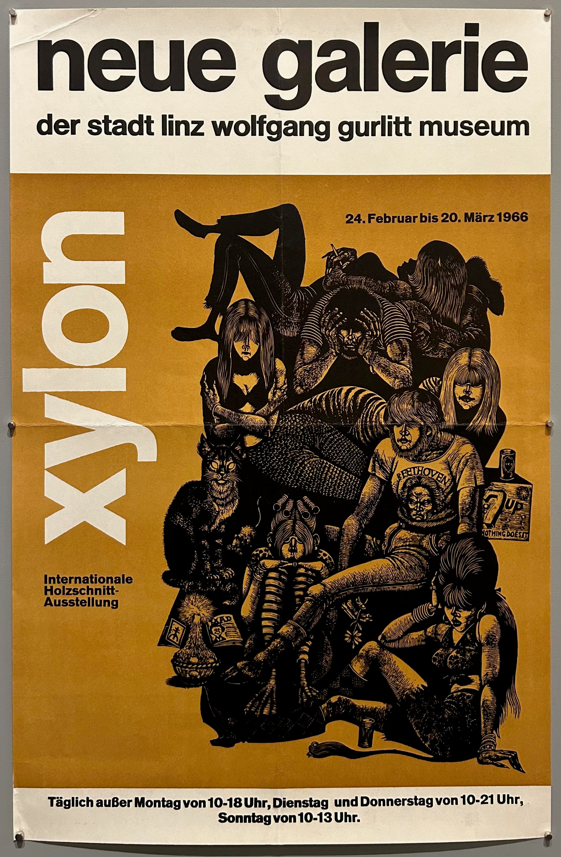 20.5x13.5 poster promoting wolfgang gurlitt museum exhibition in 1966 on international woodcuts, featuring woodcut print of edgy group of characters on brown background