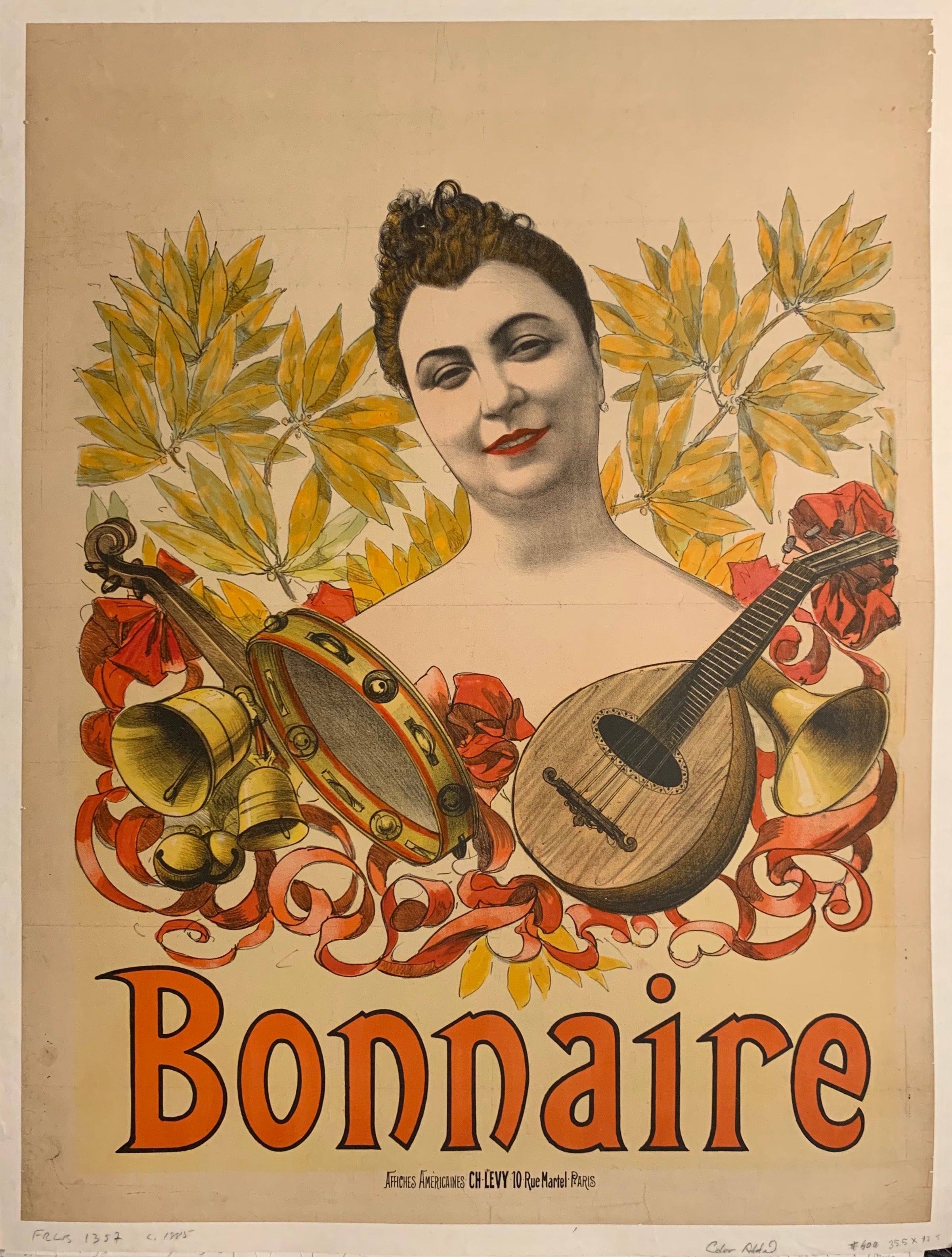 Turn of the Century poster of a brunette surrounded by instruments—a guitar, trumpet, tambourine, and bells.
