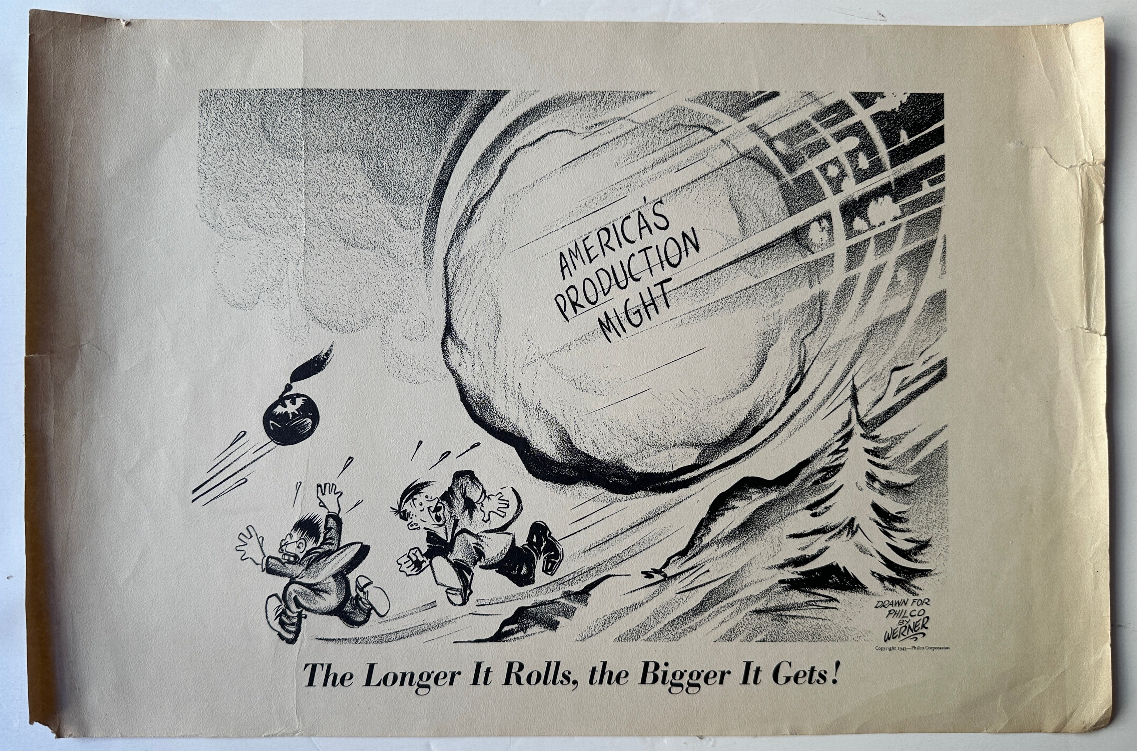18x12 horizontal print of 'America's production might' rolling towards two men running away
