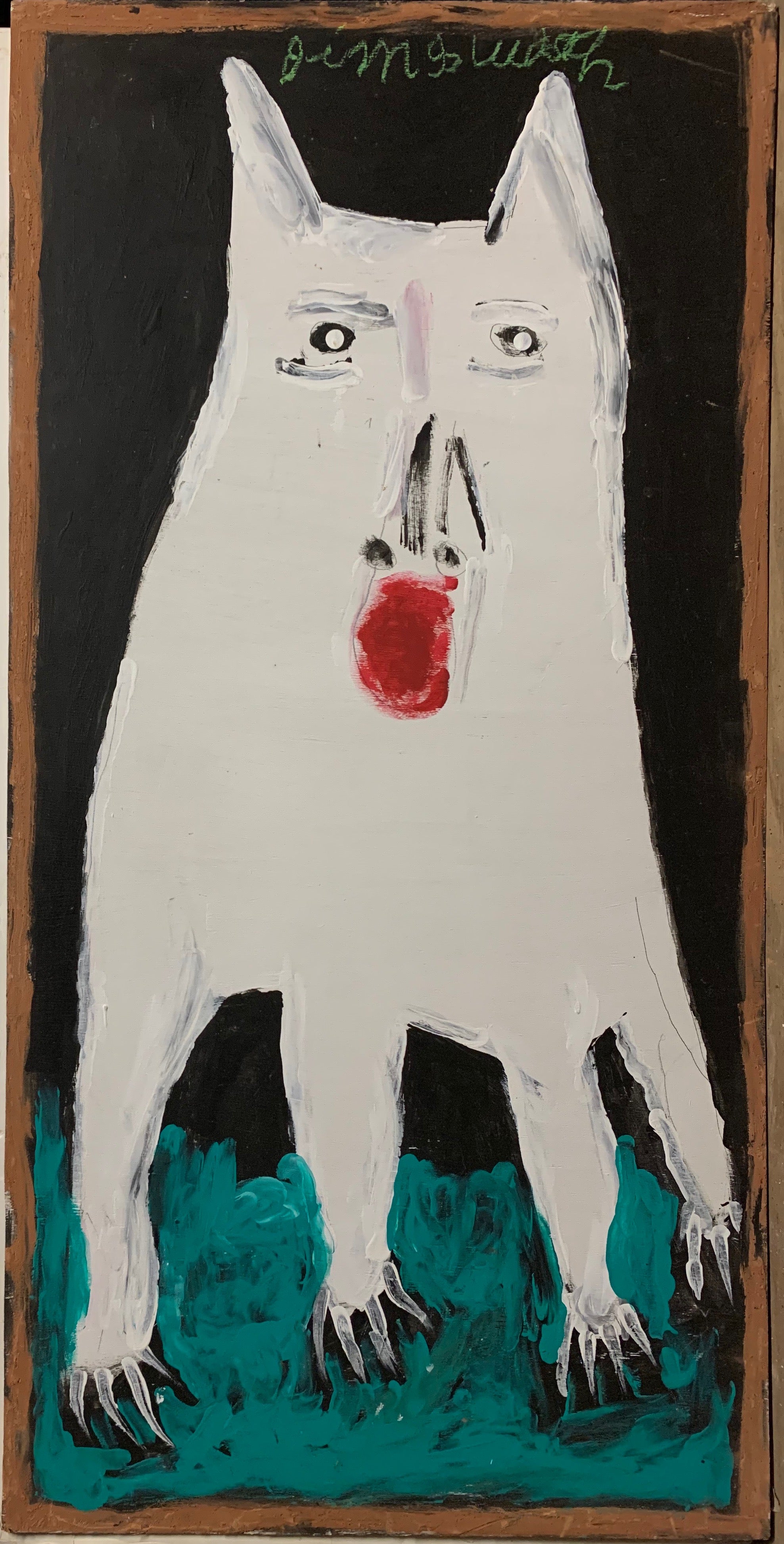 A painting of an angry white dog.
