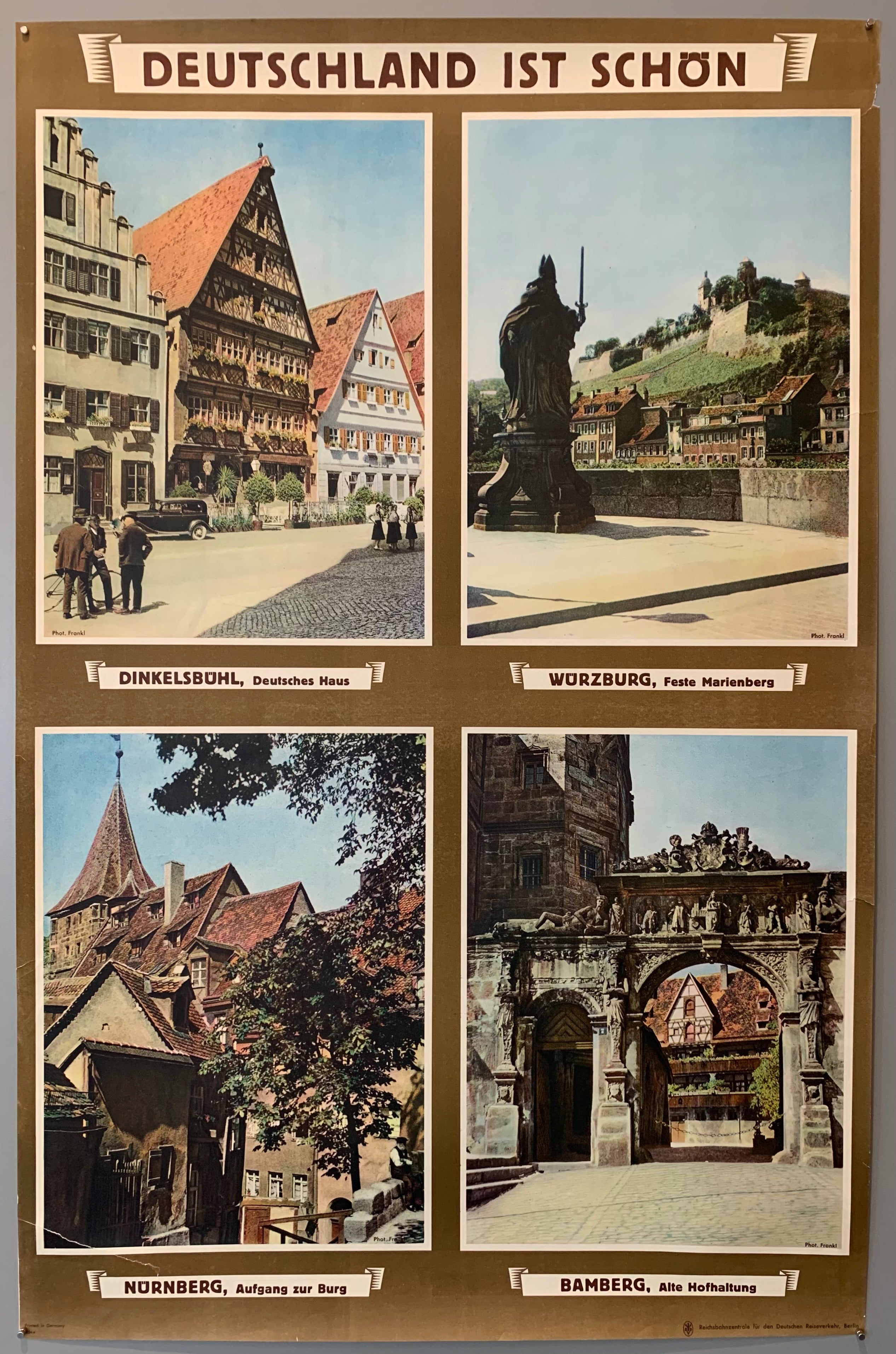 German travel poster advertising Dinkelsbühl, Würzberg, Nürnberg, and Bamberg. With four pictures, one from each city, showing how beautiful Germany is. Light brown background with muted vintage photos.