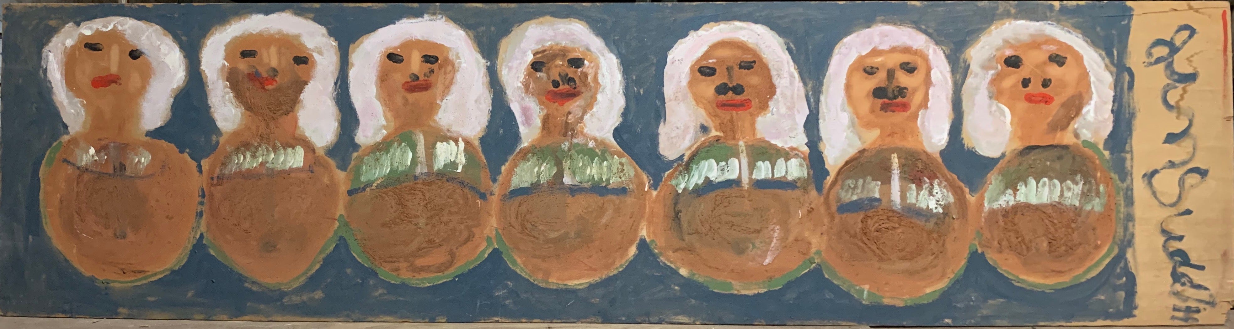 A Jimmie Lee Sudduth painting of gray-haired ladies.
