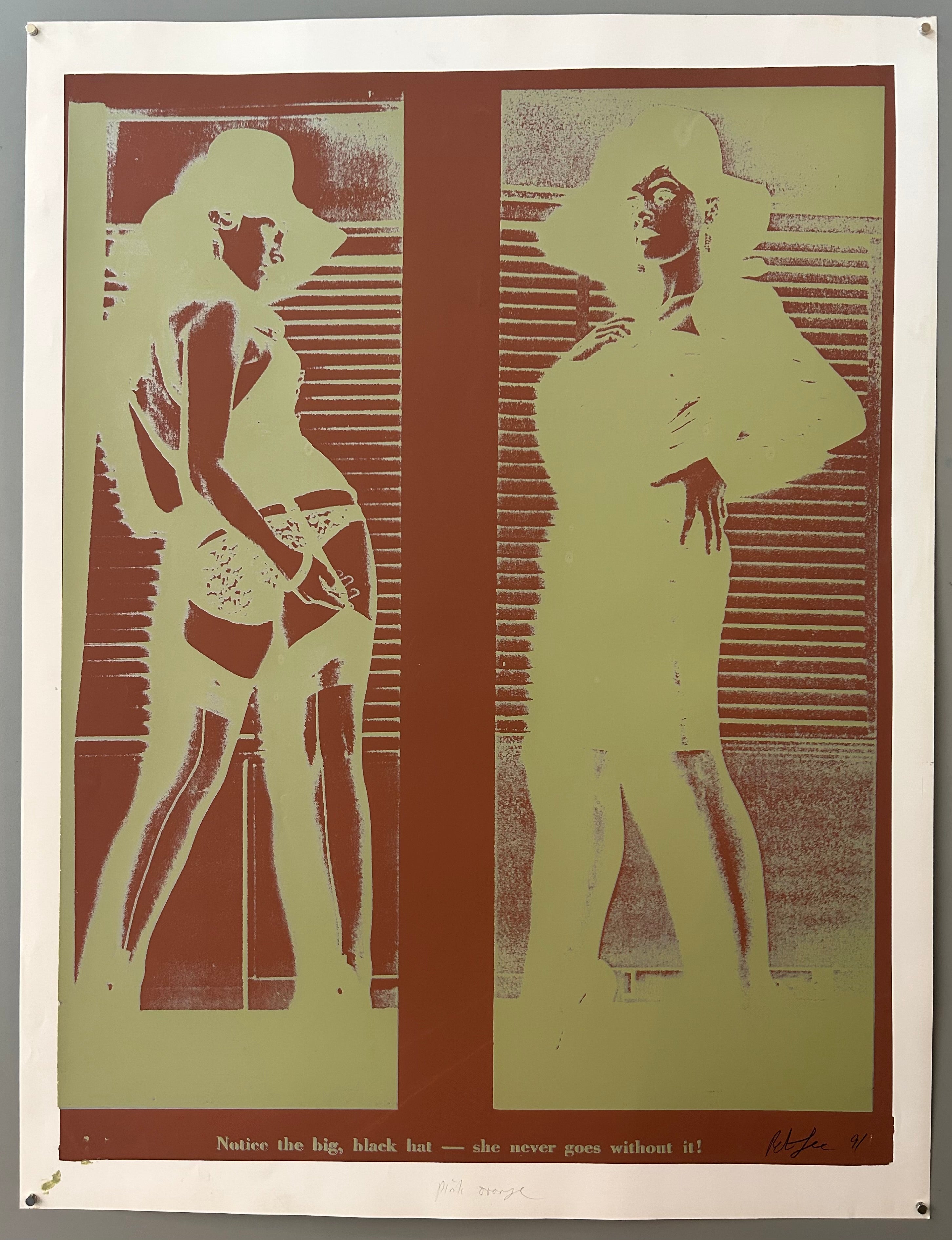 Two pop-art style women in hats are laid next to each other. Their faces are looking at the viewer but their bodies are turned around.