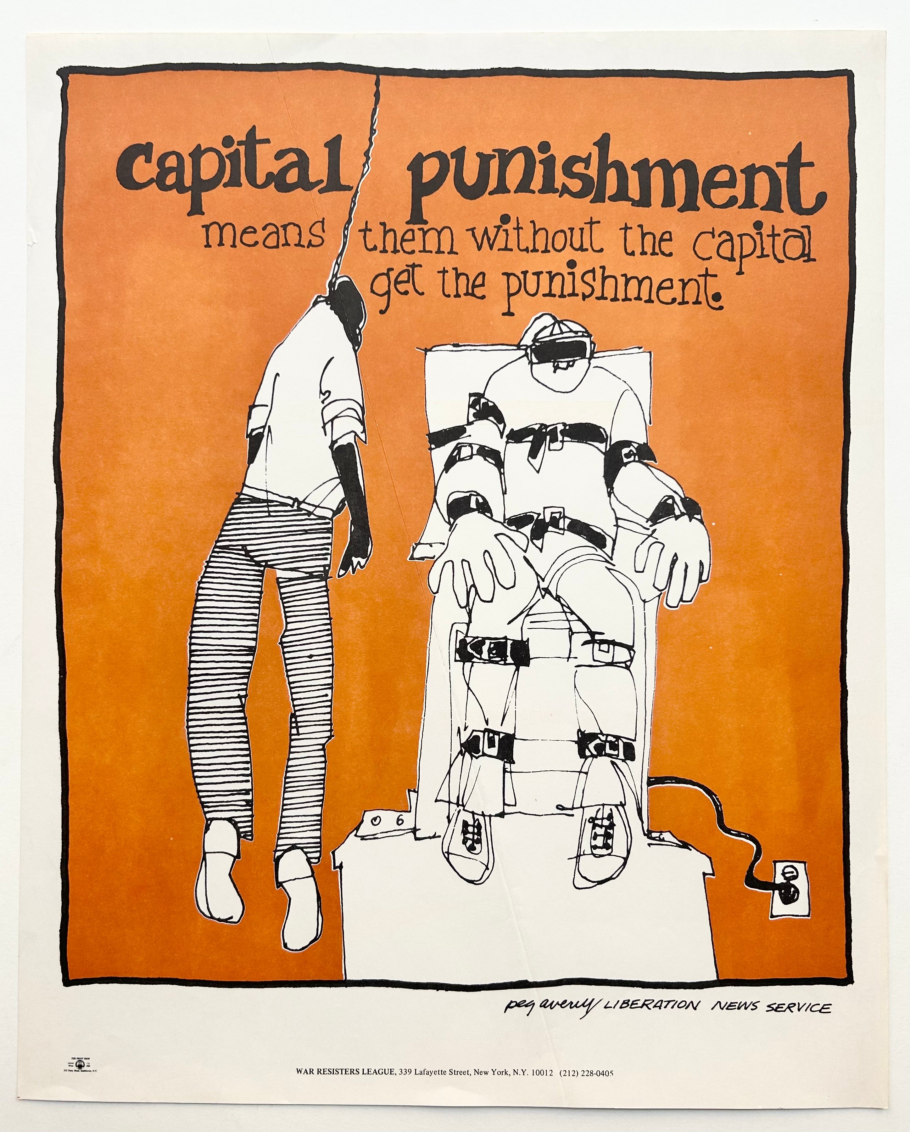 Orange background with a sketch of a man being hung and another in an electric chair.