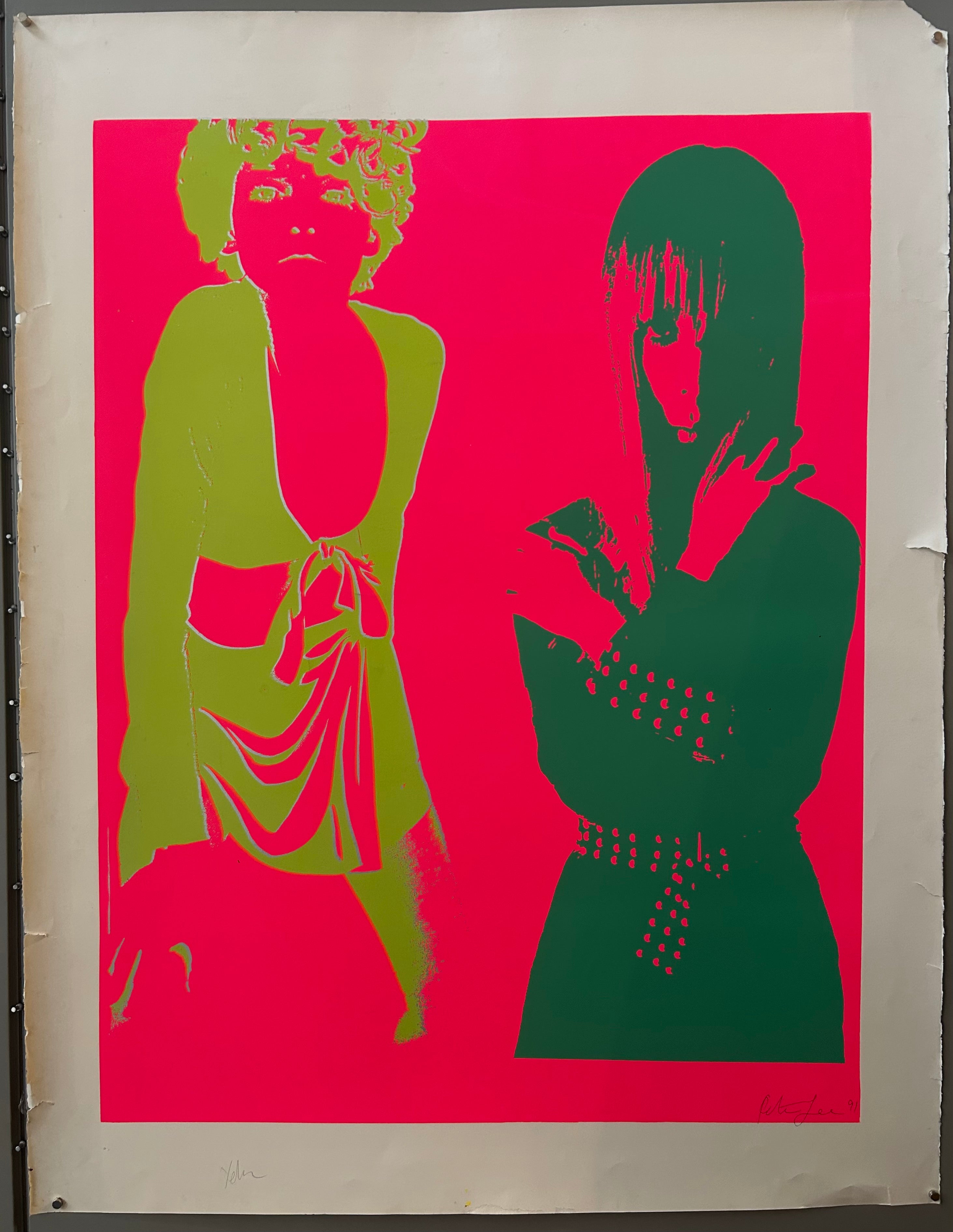 Two pop-art style images of women are side by side, with a pink background. The women are in green and blue.