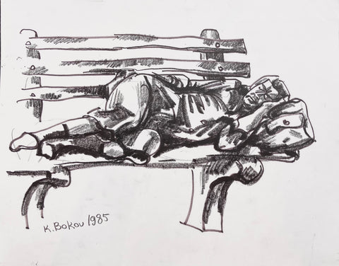 Link to Homeless Man on Bench Konstantin Bokov Charcoal DrawingU.S.A, 1985 Product
