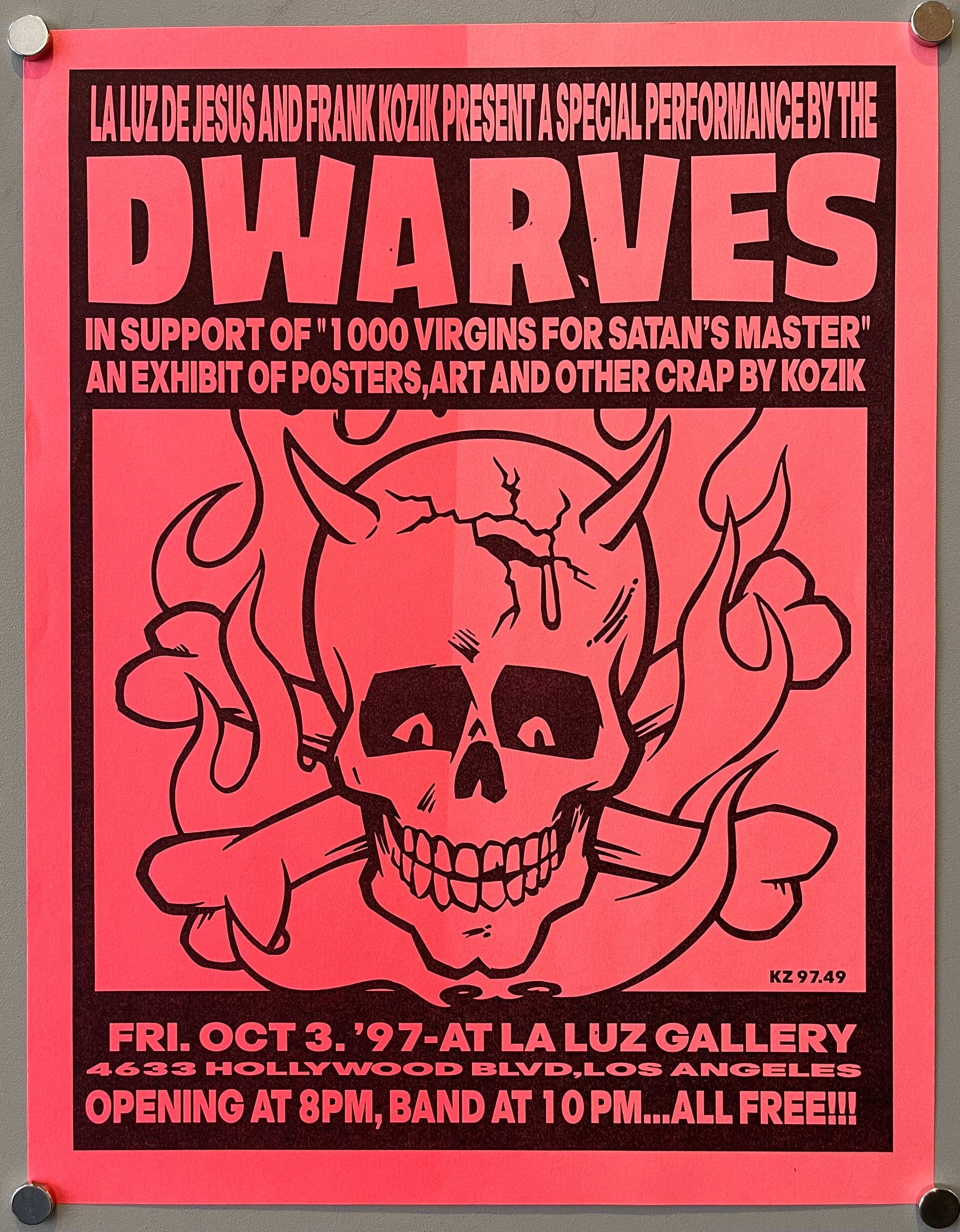 red poster with black letters. face of skull and cross bones.