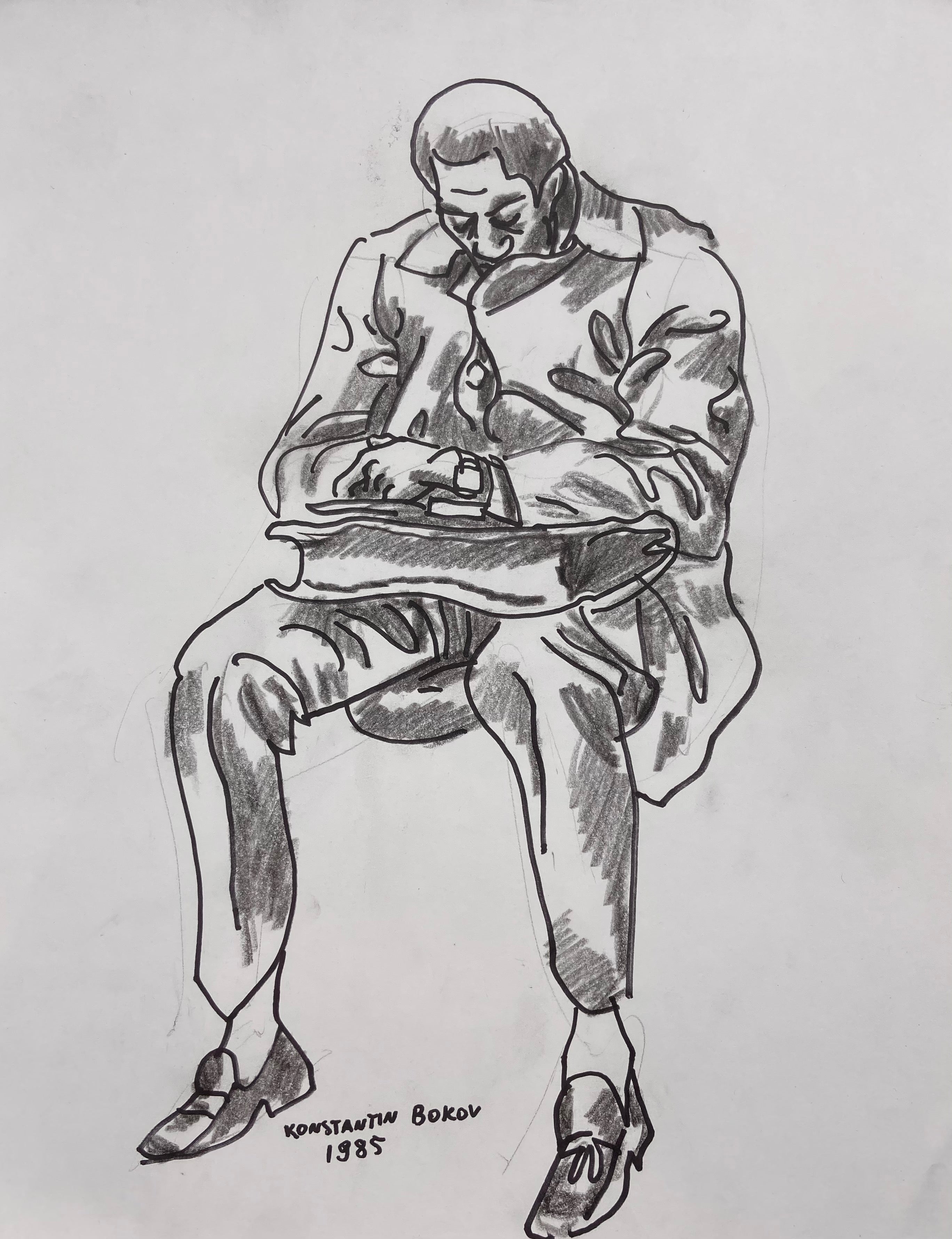 charcoal drawing of a homeless man