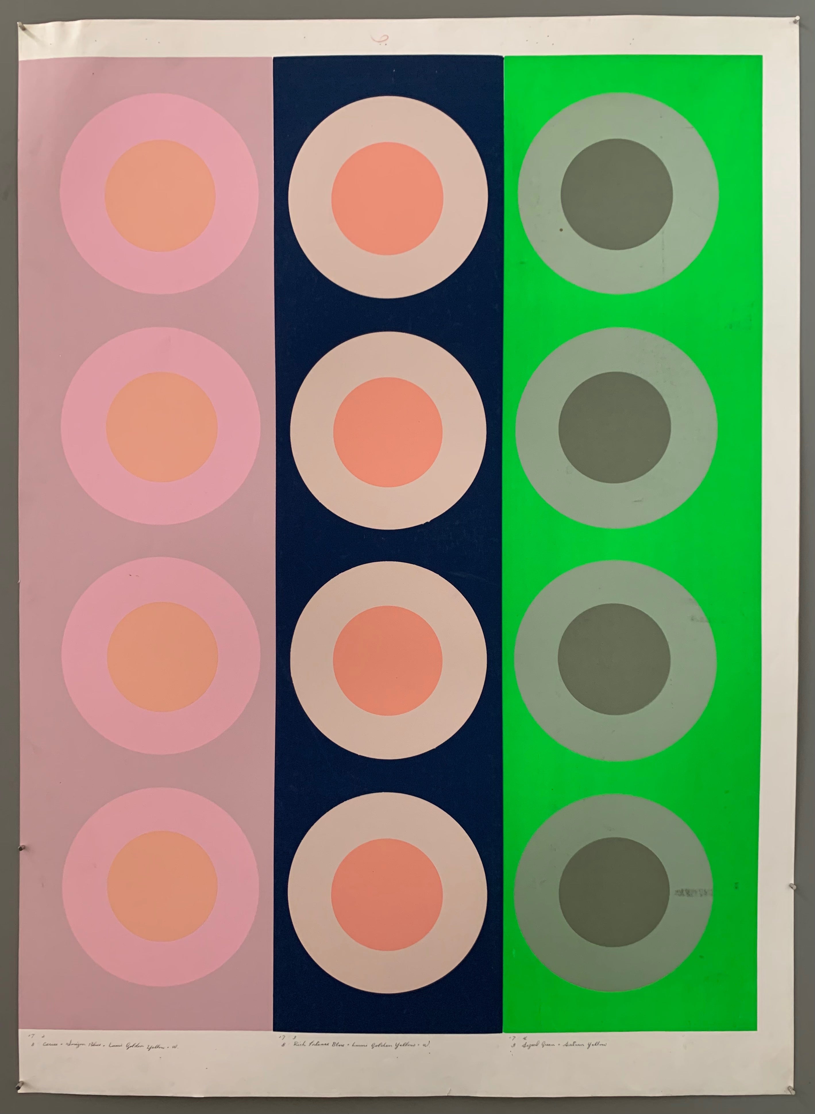 Three rows of targets on colored panels