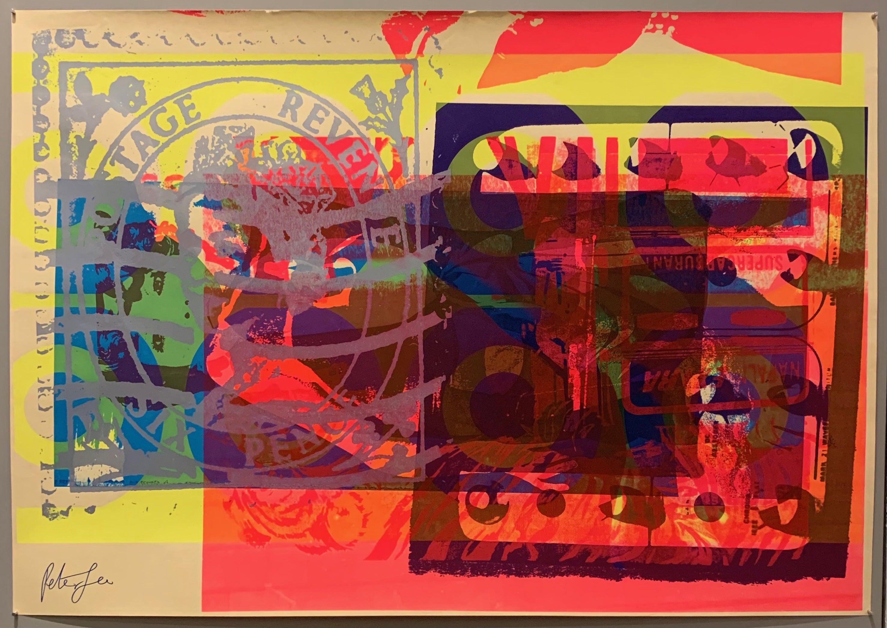 A mix of pop art-style images lay over each other in many neon colors.