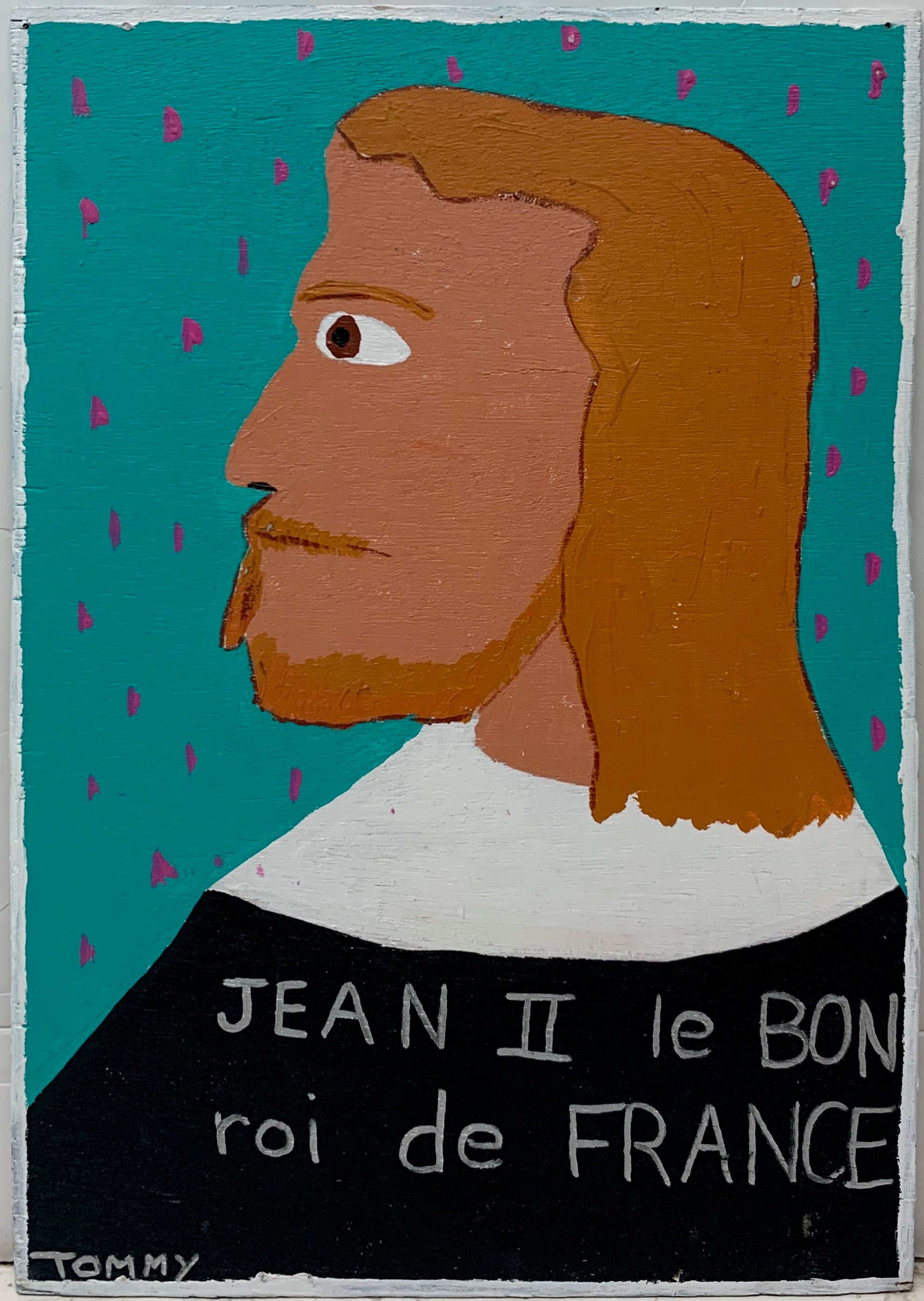 A Tommy Cheng portrait of King Jean II of France in profile against a teal and pink polka-dotted background.