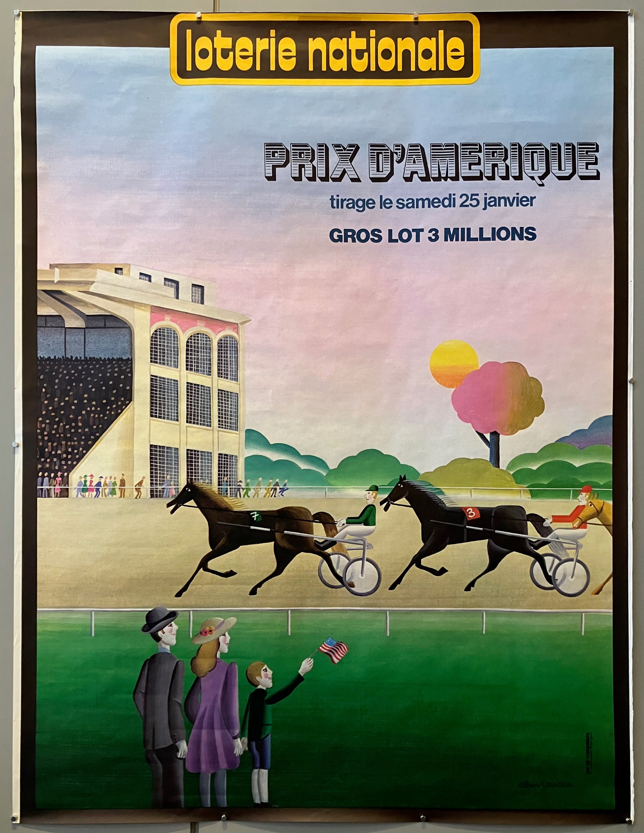 61x47 loterie nationale poster during prix d'amerique week c. 1970 featuring family watching horse race waving american flag