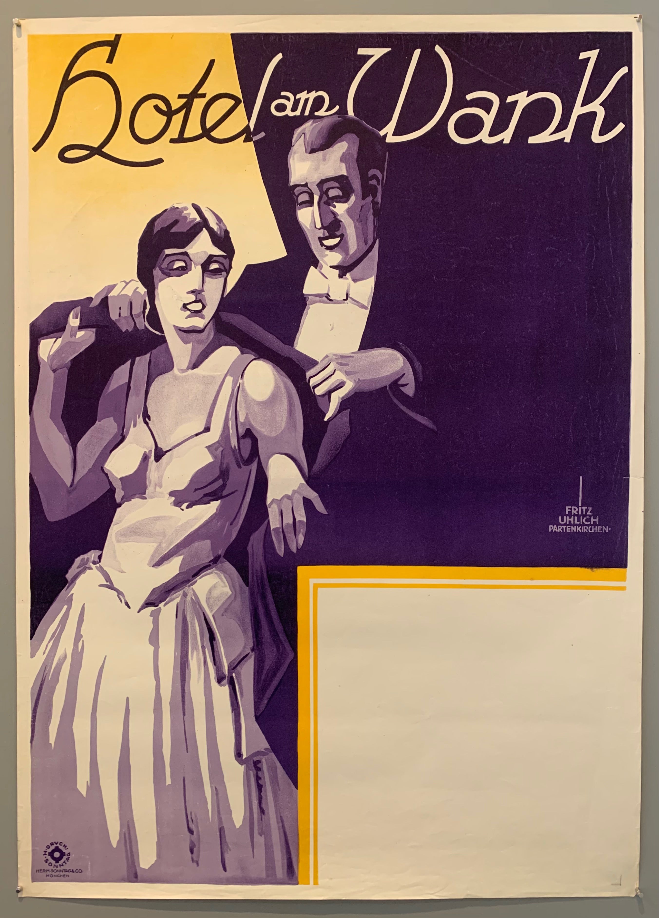 The Wank is a mountain located near the Austrian border. It is a popular destination for paragliding as the highest altitude on the mountain is 5,846 ft. This poster advertises a hotel on the mountain, pictured is a man placing a coat around a woman in formal attire. The artist Fritz Uhlich created many posters of this same style, advertising Wank mountain and also working for some fashion brands and various german cities.
