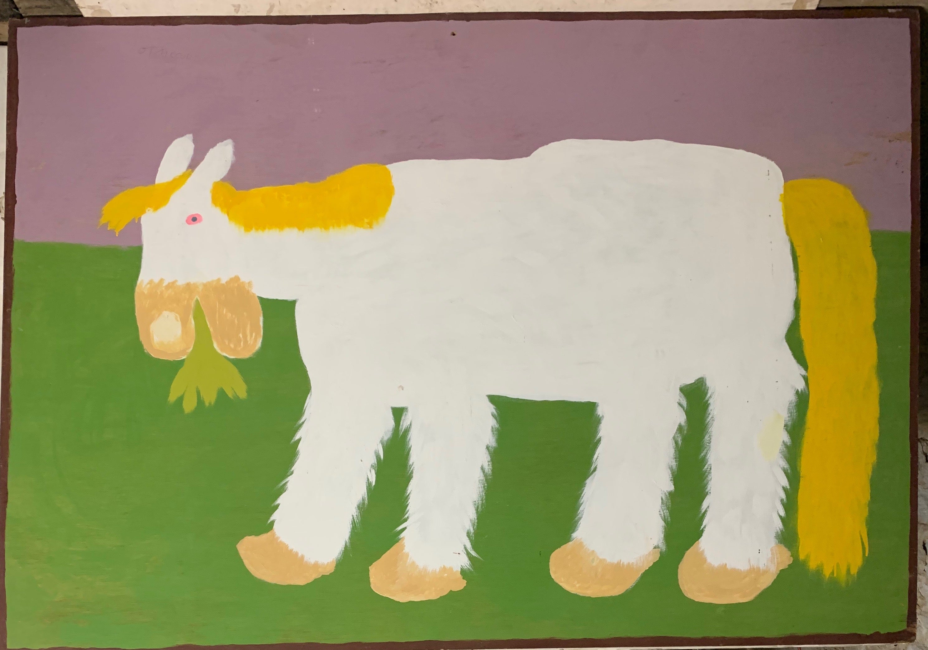 Jake McCord painting of a white horse grazing.