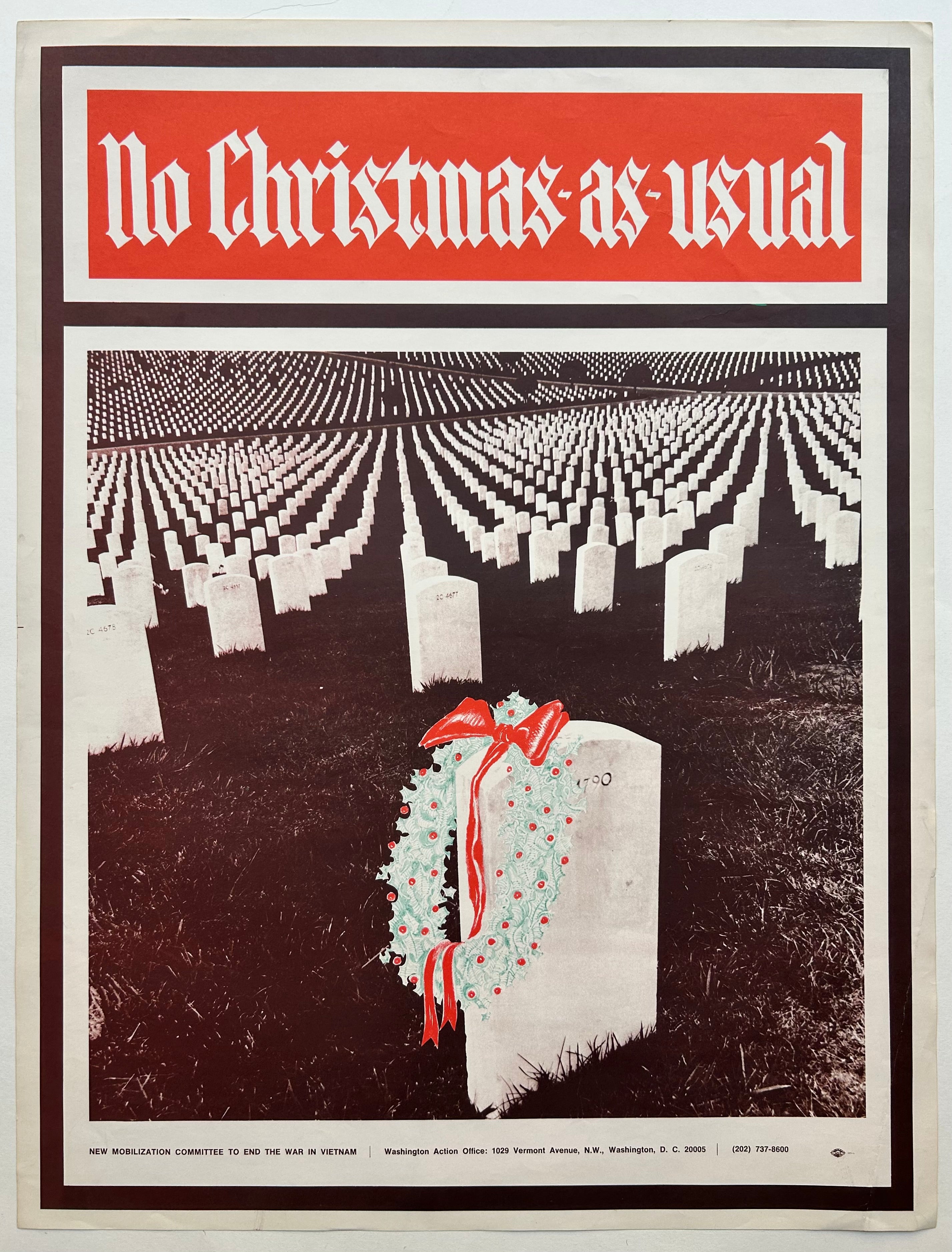 A military graveyard, the stark size and symmetry highlighted, is shown, with a Christmas wreath over one gravestone. The text on the top is in a German font with a red background.