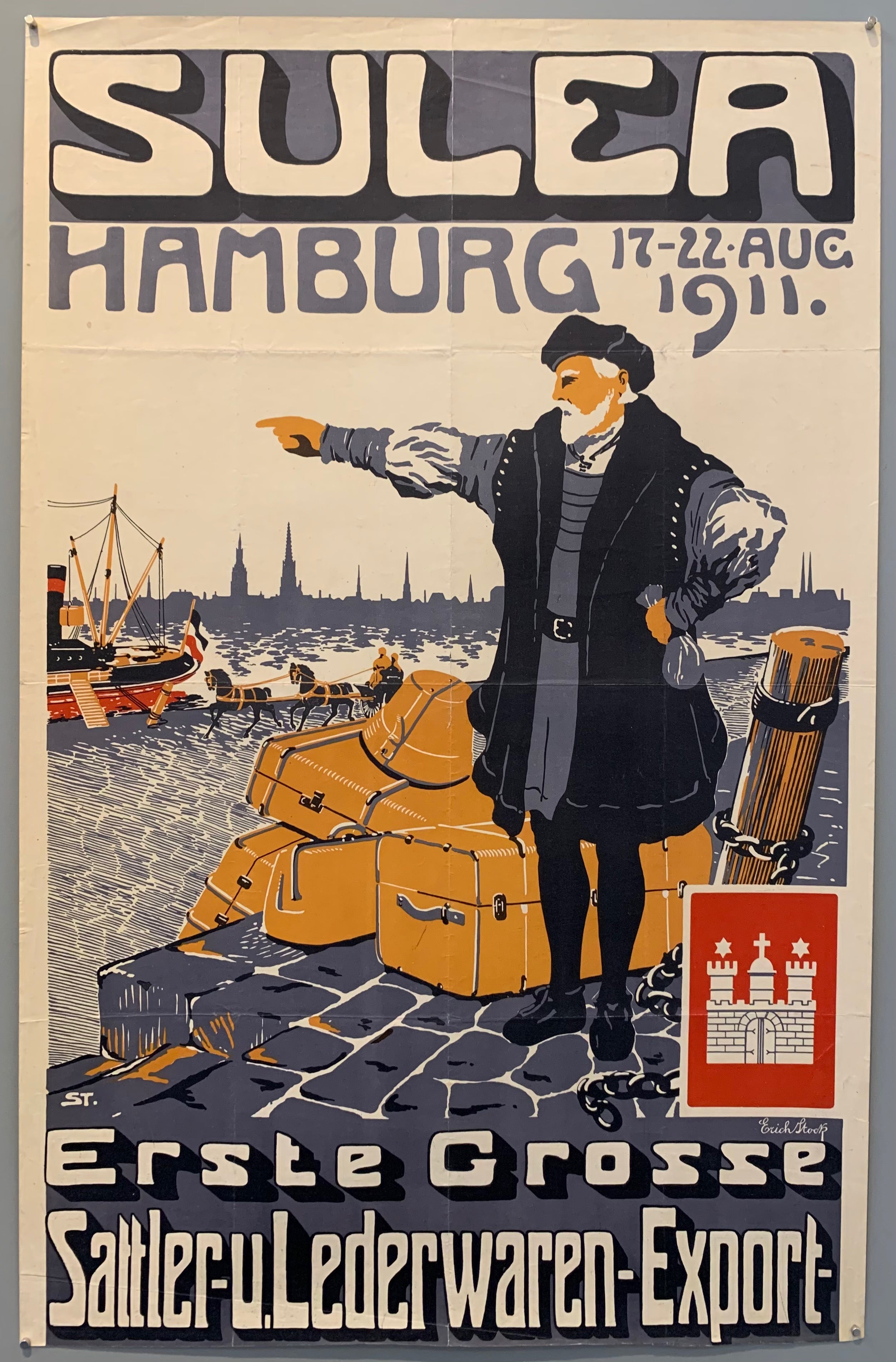 The image depicts a man pointing over the ocean where all those suitcases should be sold and shipped.