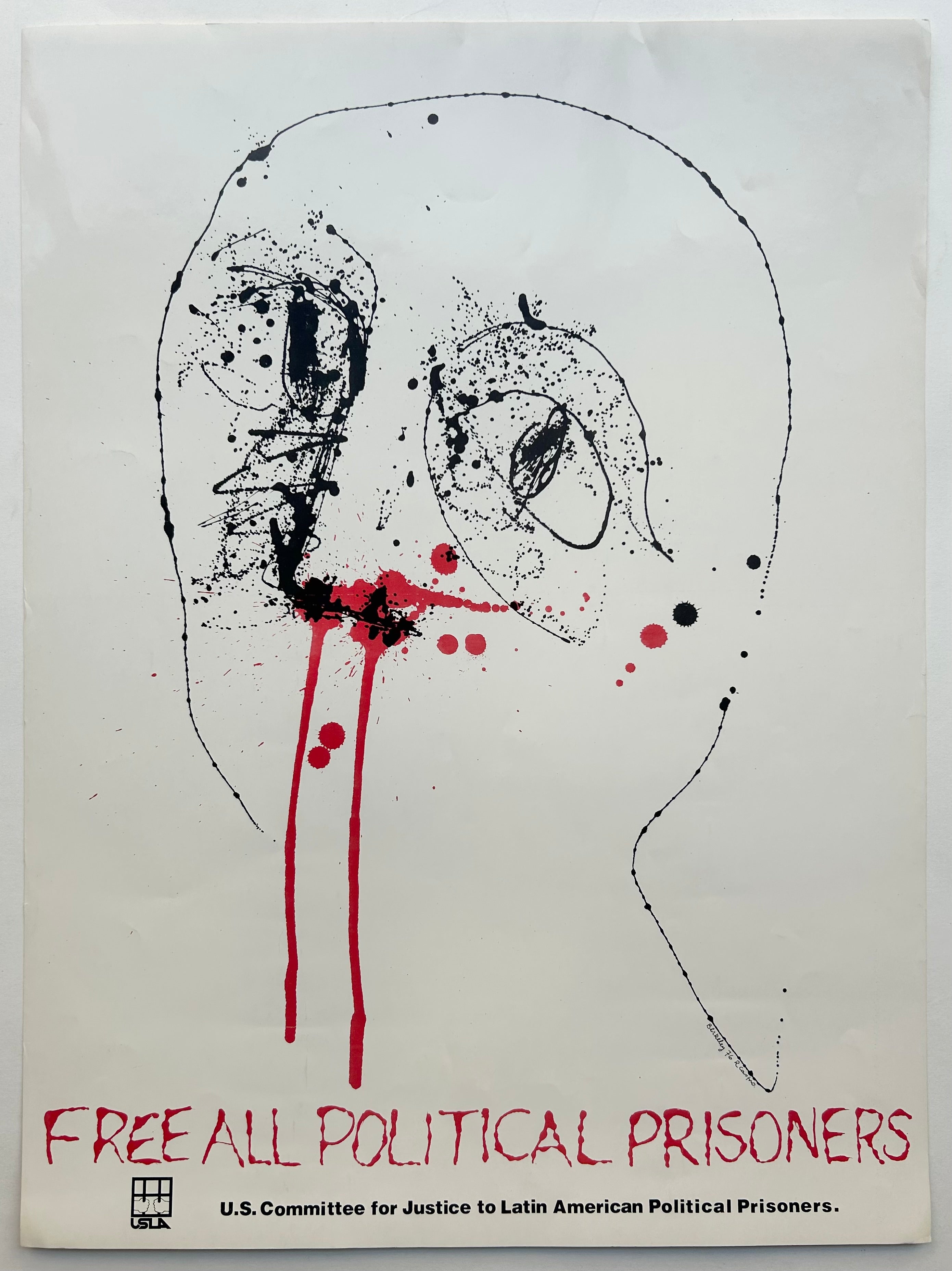 Black ink blots make up the outline of a messy face, with red ink spills dripping down from what looks like the nose. The text is also written in the messy, blood-like red ink.