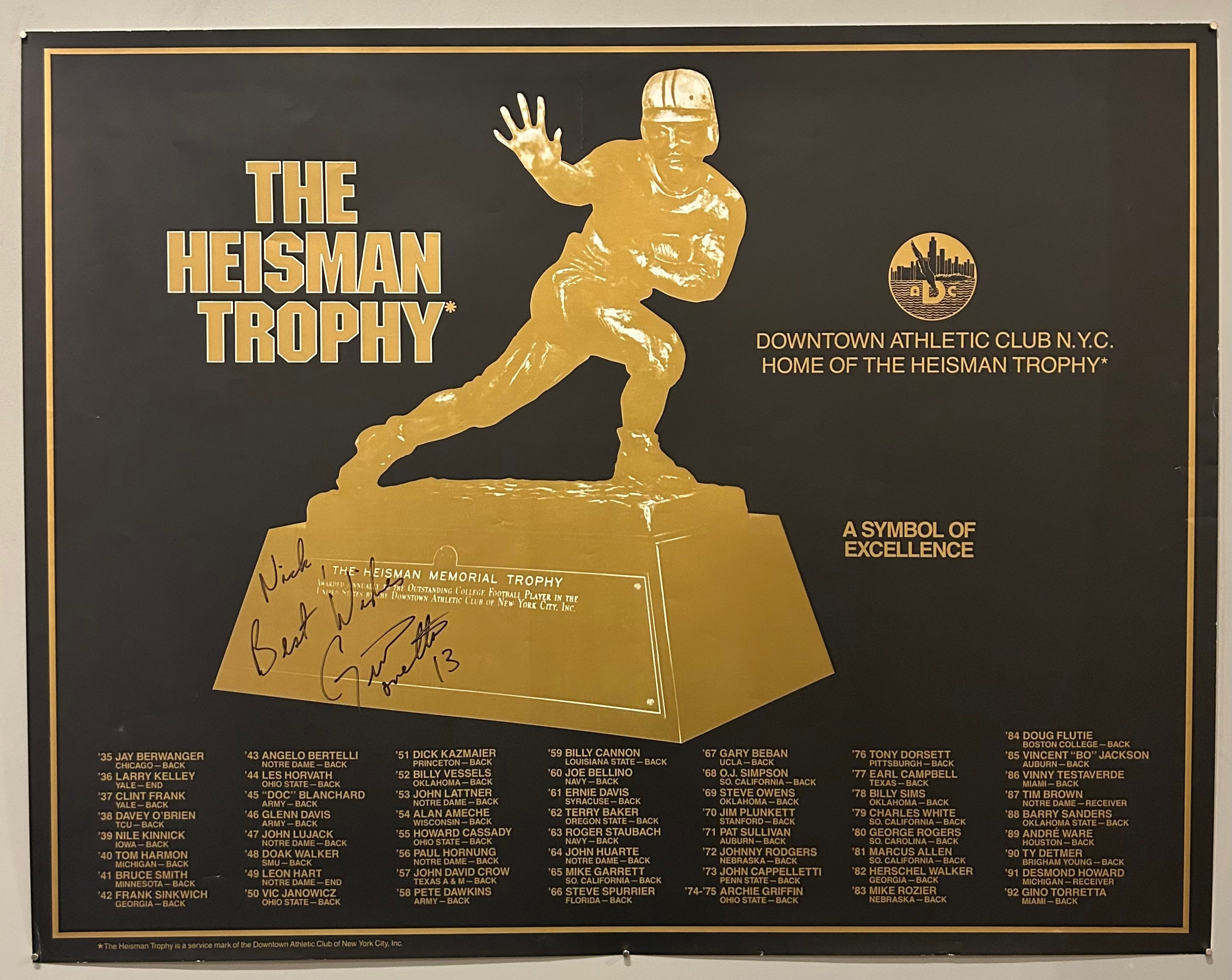 The Heisman Trophy Signed Poster Gino Torretta NFL Miami Hurricanes