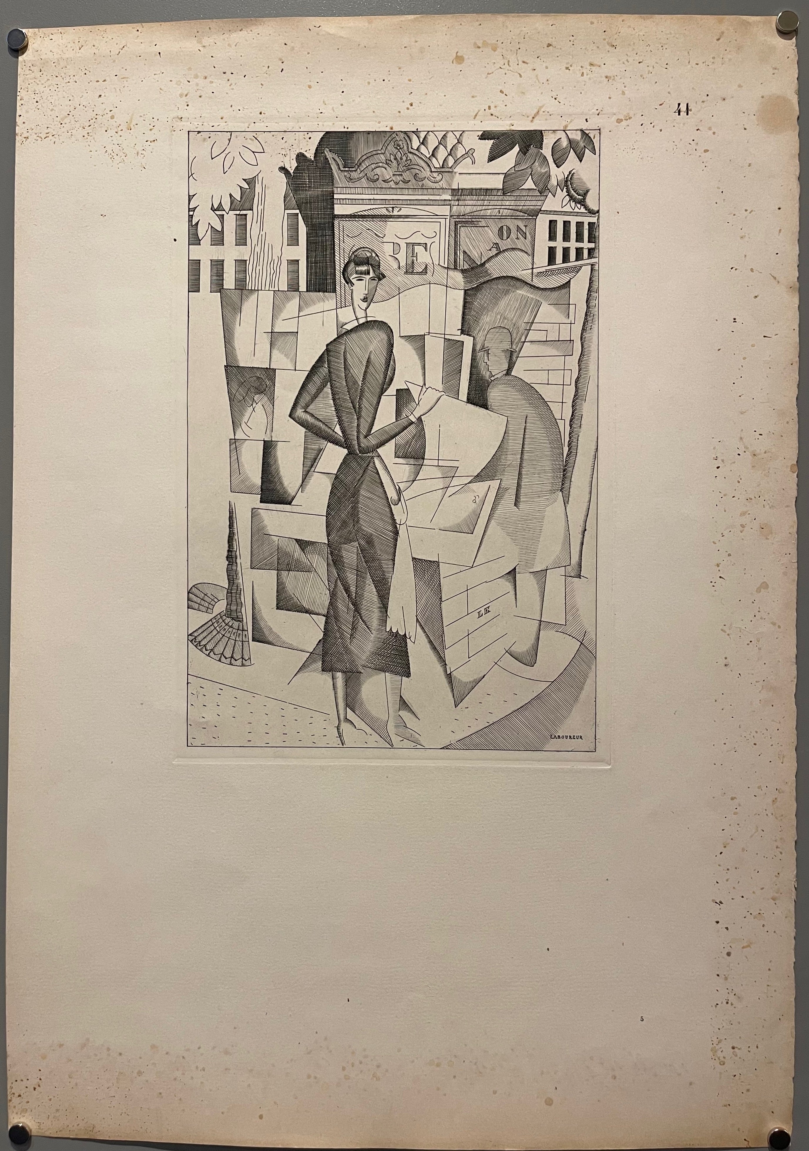 20x14.5 print of jean emile laboureur's 1920 engraving le kiosque a journaux featuring cubist woman and man at newspaper stand