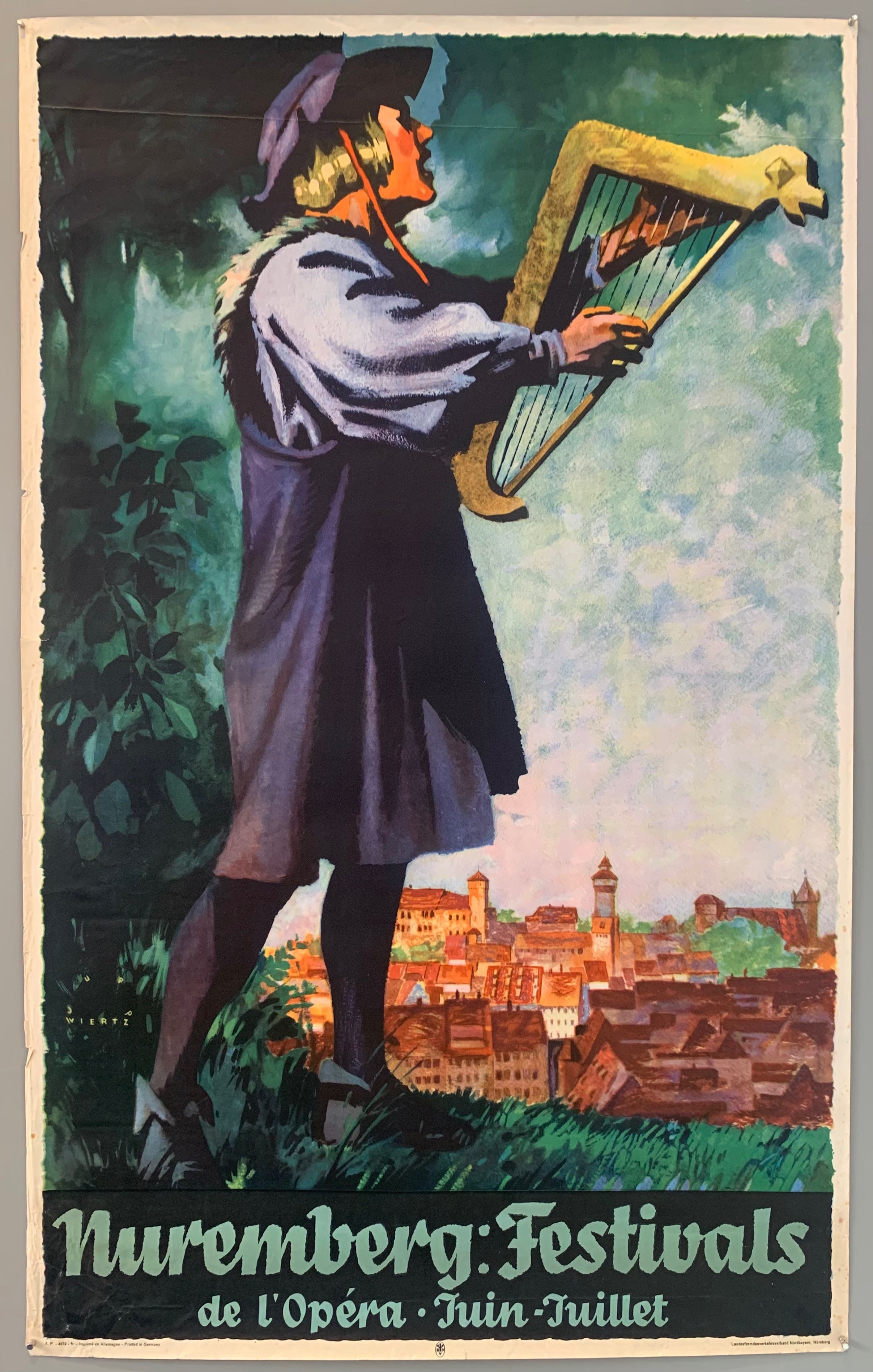 Poster advertising the Nuremberg music festivals taking place June through July. Shown is a man playing a sort of harp and singing with Nuremberg in the background. Artist Jupp Wiertz was born in Aachen in 1888 and studied in Berlin and Leipzig. He later went on to work on publicity for the German Reichsbahn, Zeppelin production art designs, and for Lufthansa.