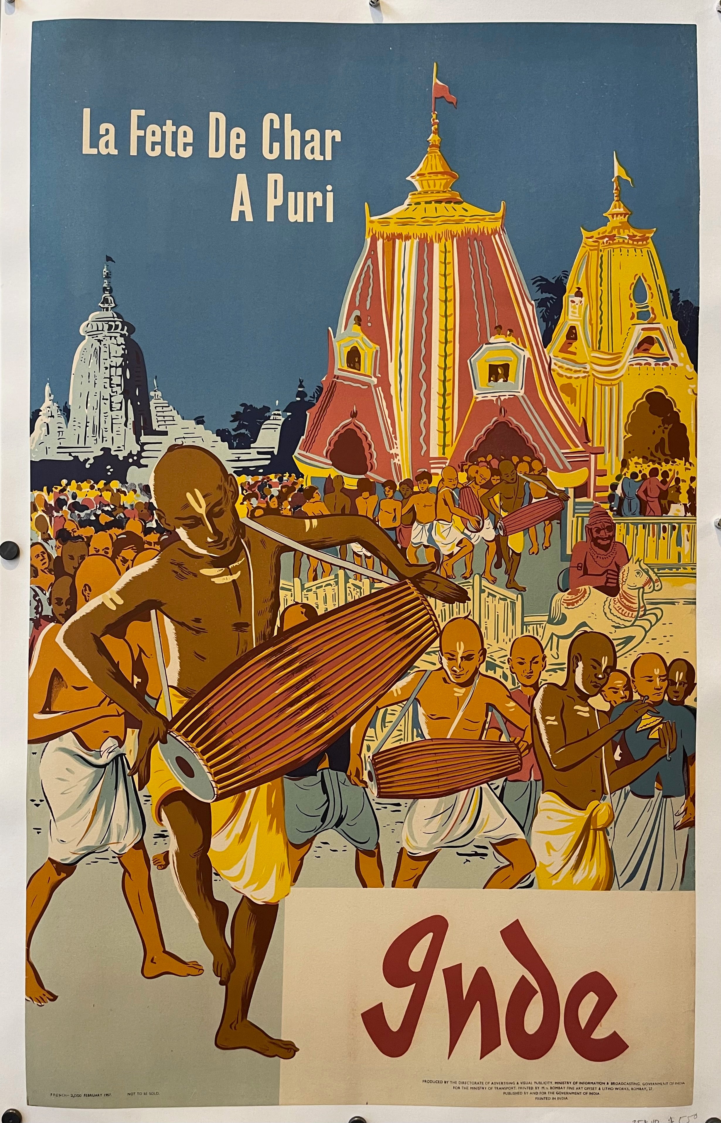 25x40 vertical travel poster from India featuring a Ratha Yatra celebration with men dressed in cultural attire playing marams