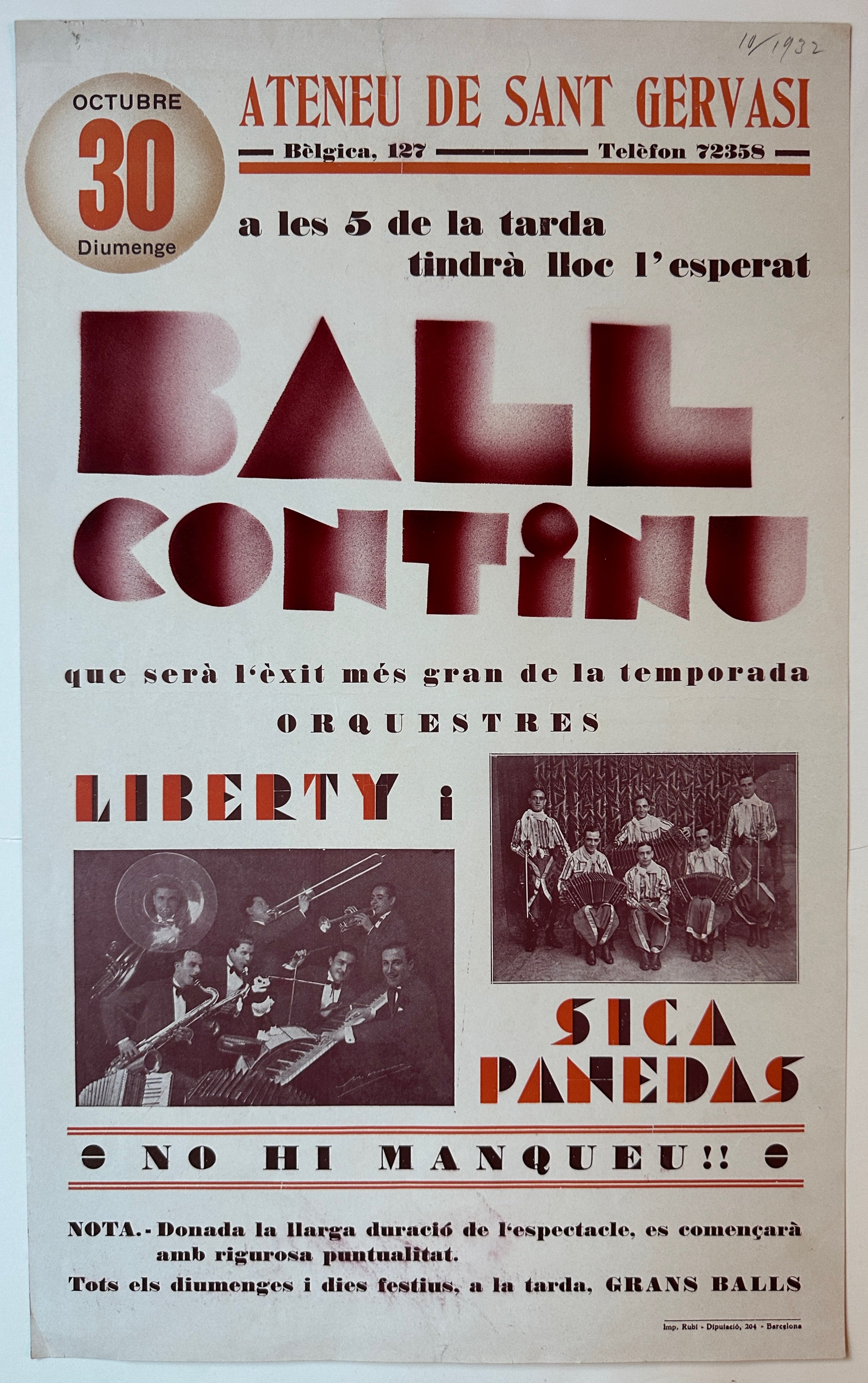 13x20 vertical poster, art deco font, 2 black-and-white photos of a classical band and mariachi band