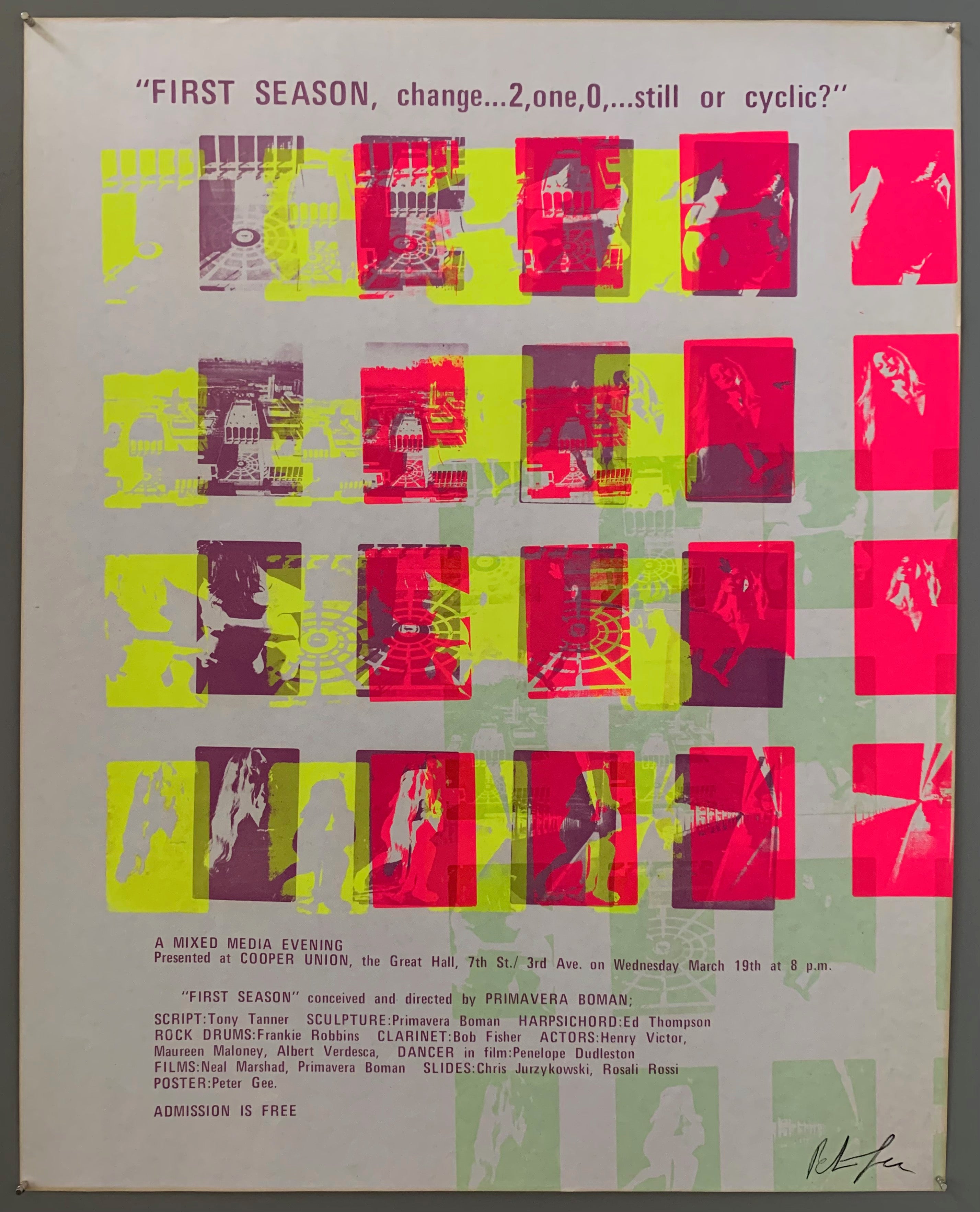 A series of squares containing scenes are shown. The text is on the top and the bottom in purple. The style of printing is pop art, where a lot of colors are put on top of each other. The colors featured are  neon pink, purple, neon yellow, green, and white.