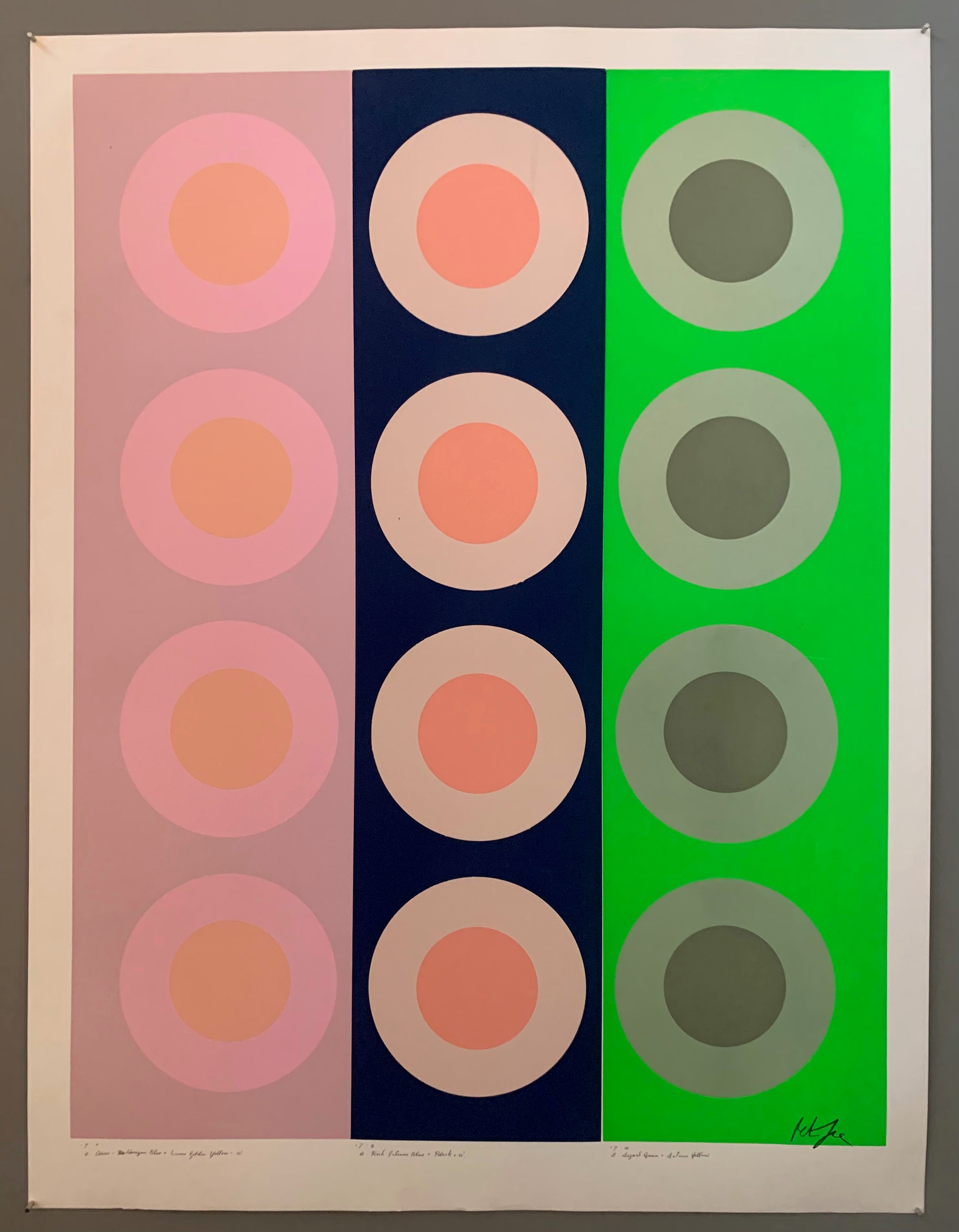Three panels of targets, one pink, one navy, and one green.