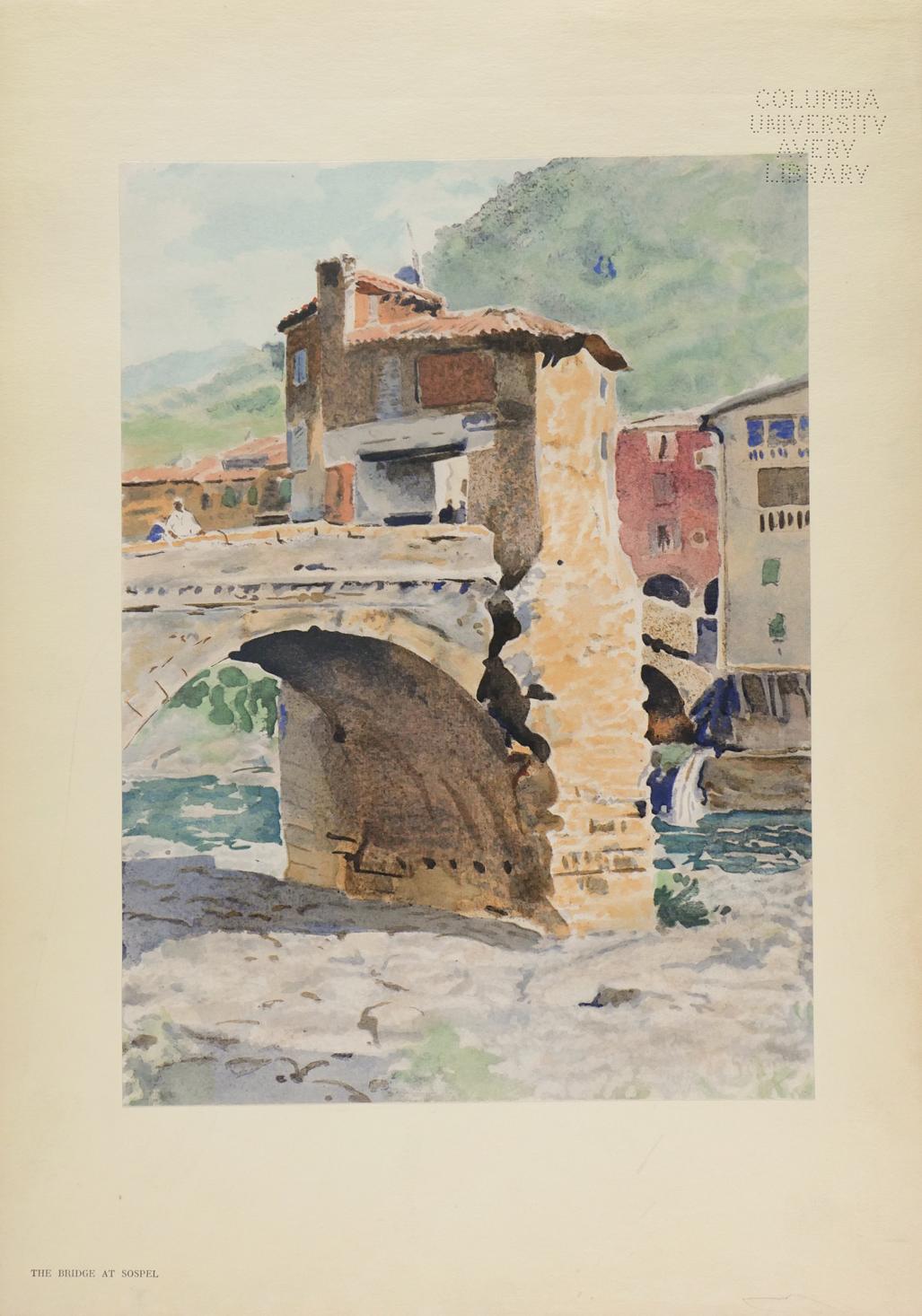 A stone bridge with several arches is over a river, with a riverbank filled with plants alongside it, and a faroff city in the back. Print of a watercolor.