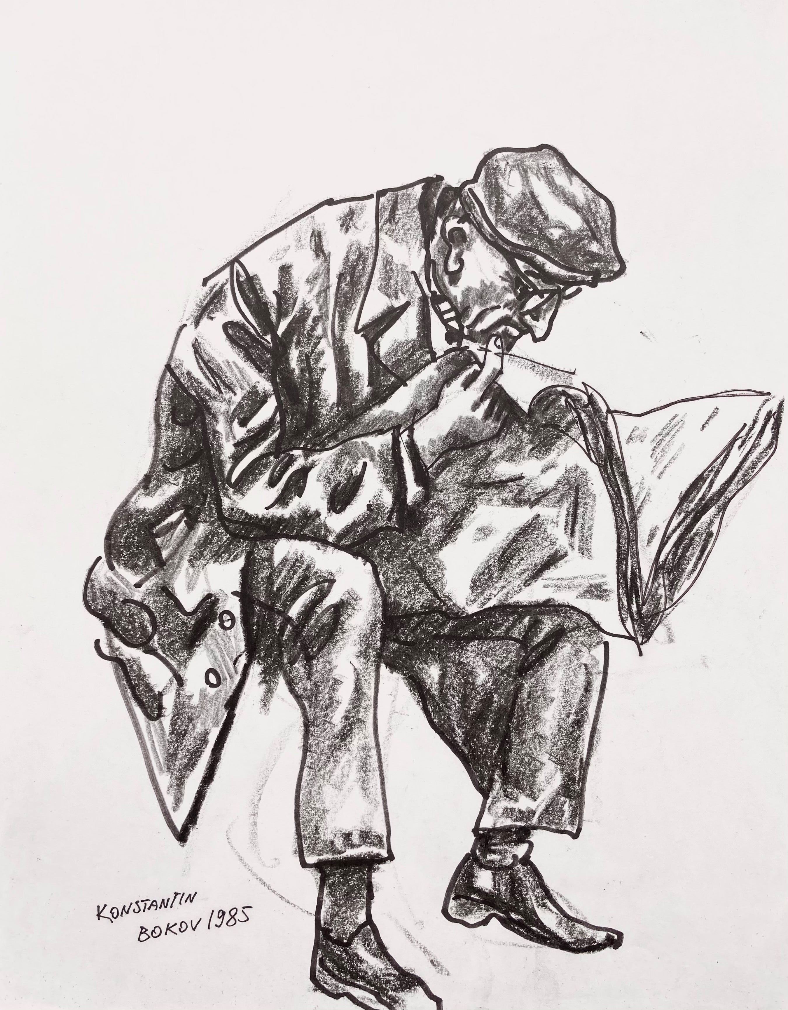 charcoal drawing of a man reading the newspaper