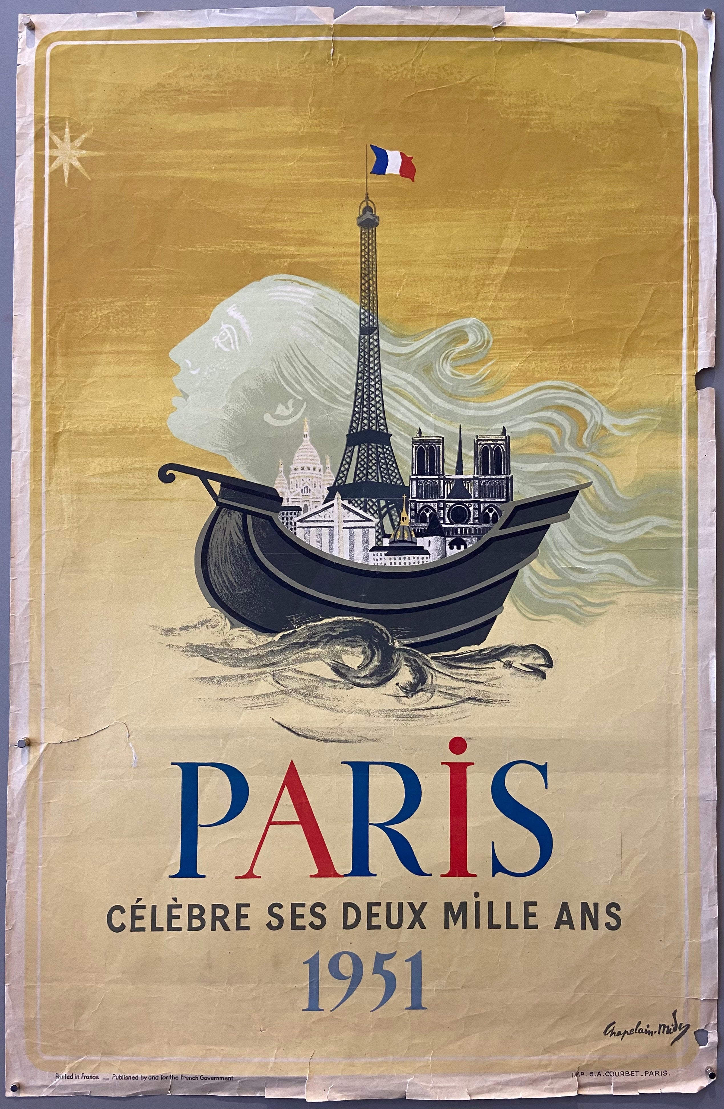 Poster of a boat holding the Parisian skyline