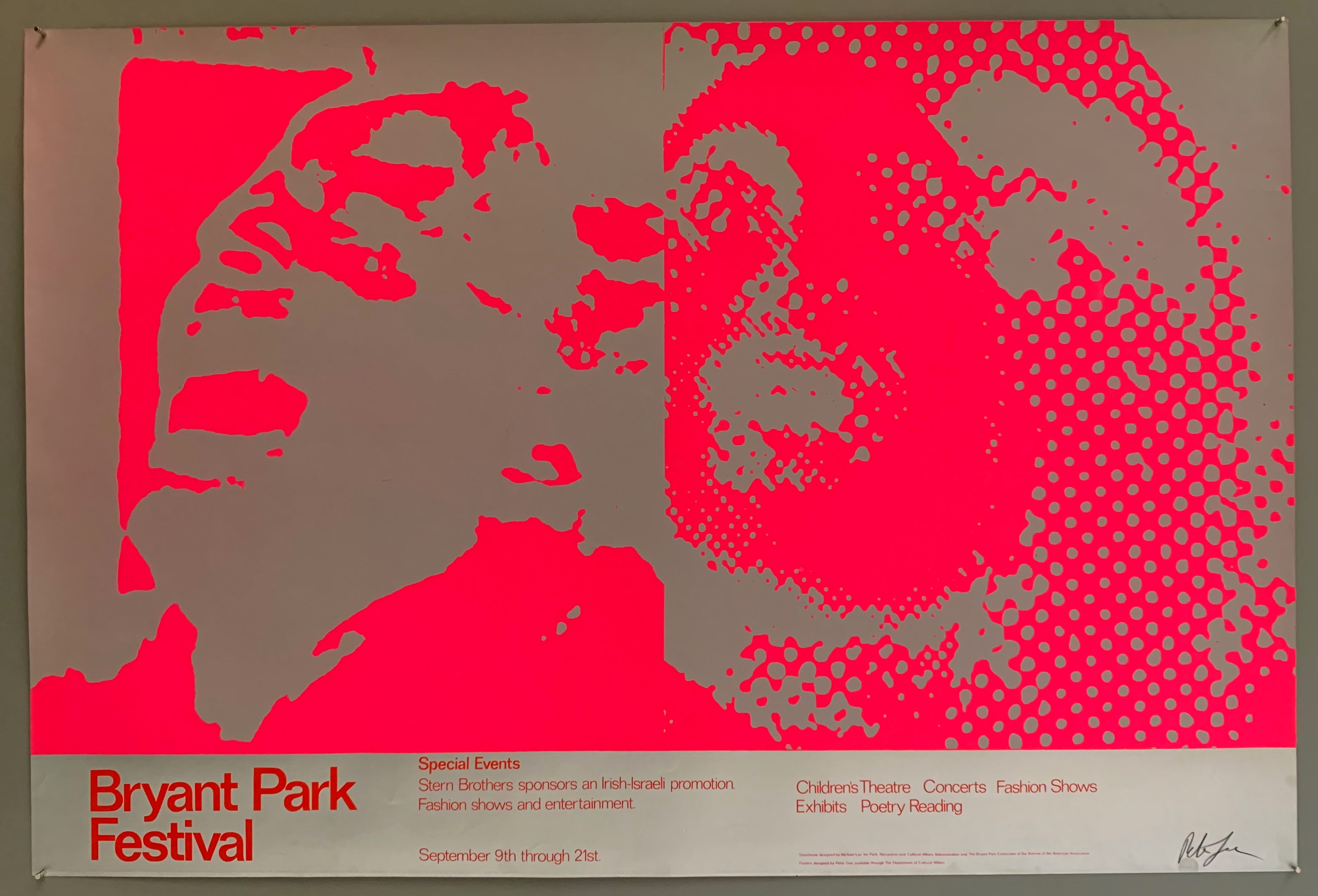 A man and a woman are shown with dramatic expressions, the highlights and shadows colored in a distinctly pop art style. The colors used are a neon pink on lilac.