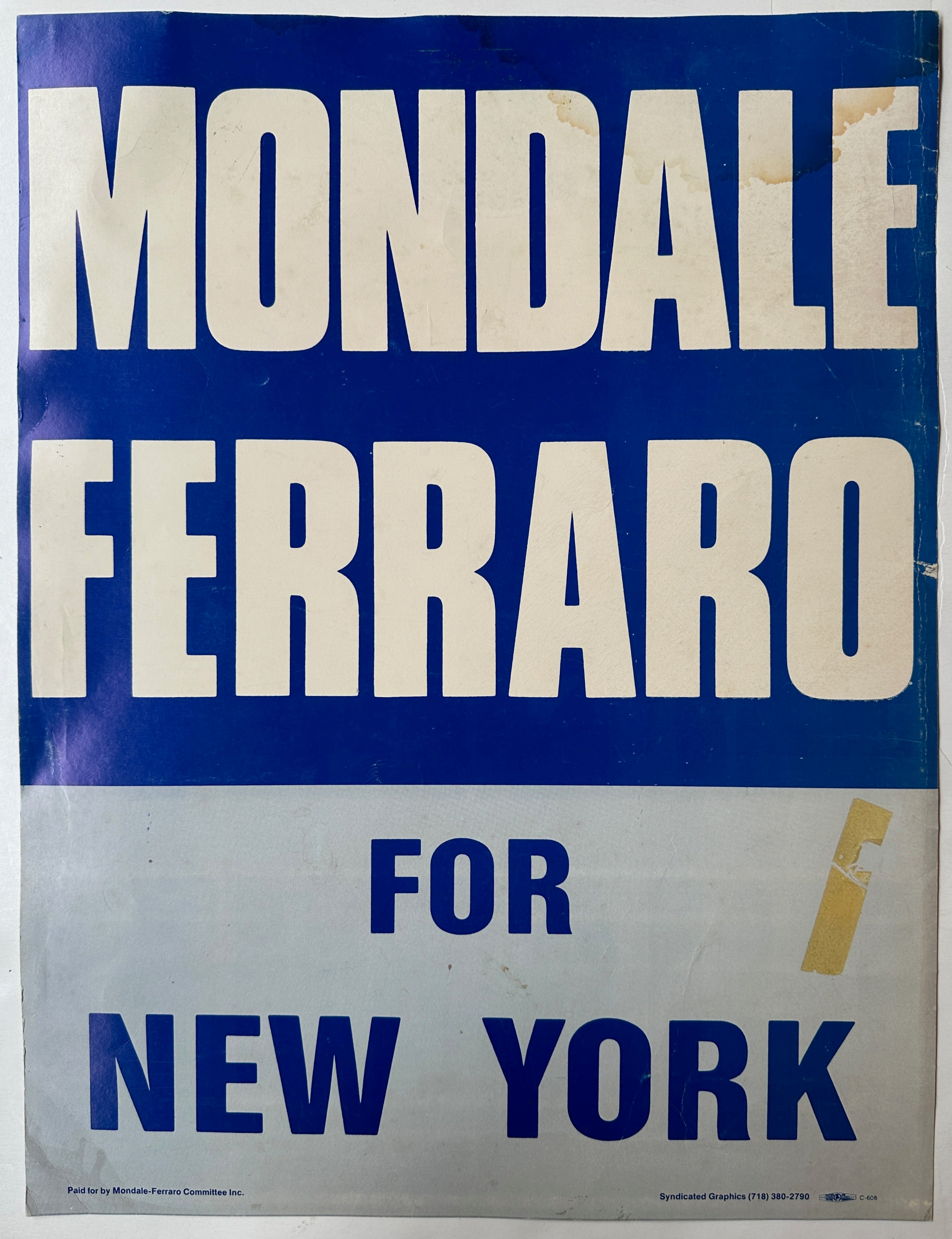22x17 blue and white poster for mondale and ferraro democratic presidential and vice presidential nominees 1984 presidential election