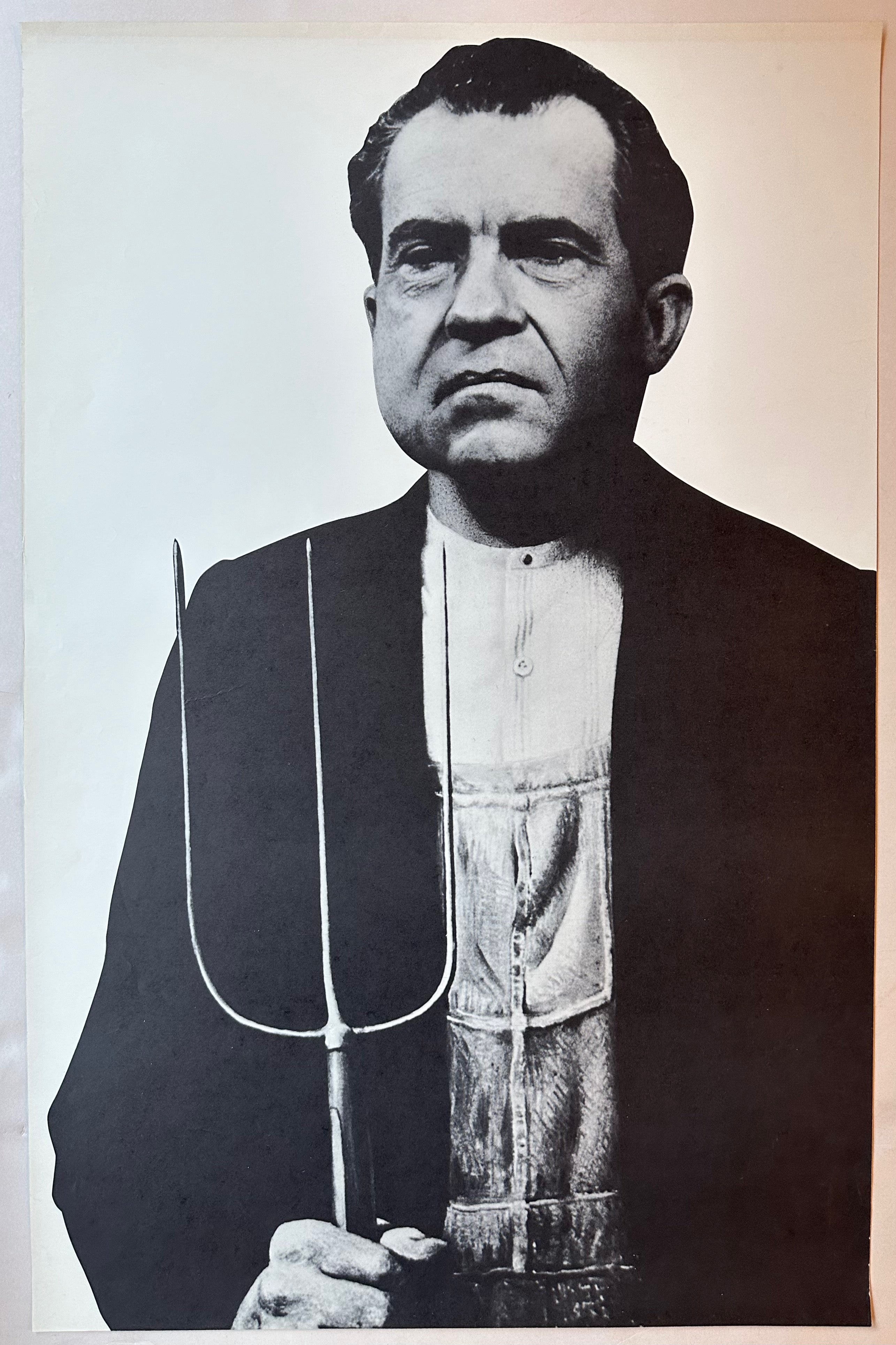 38x25 poster for spoof book the almanack of poor richard, 1968, featuring black and white photo of nixon in overalls with pitchfork