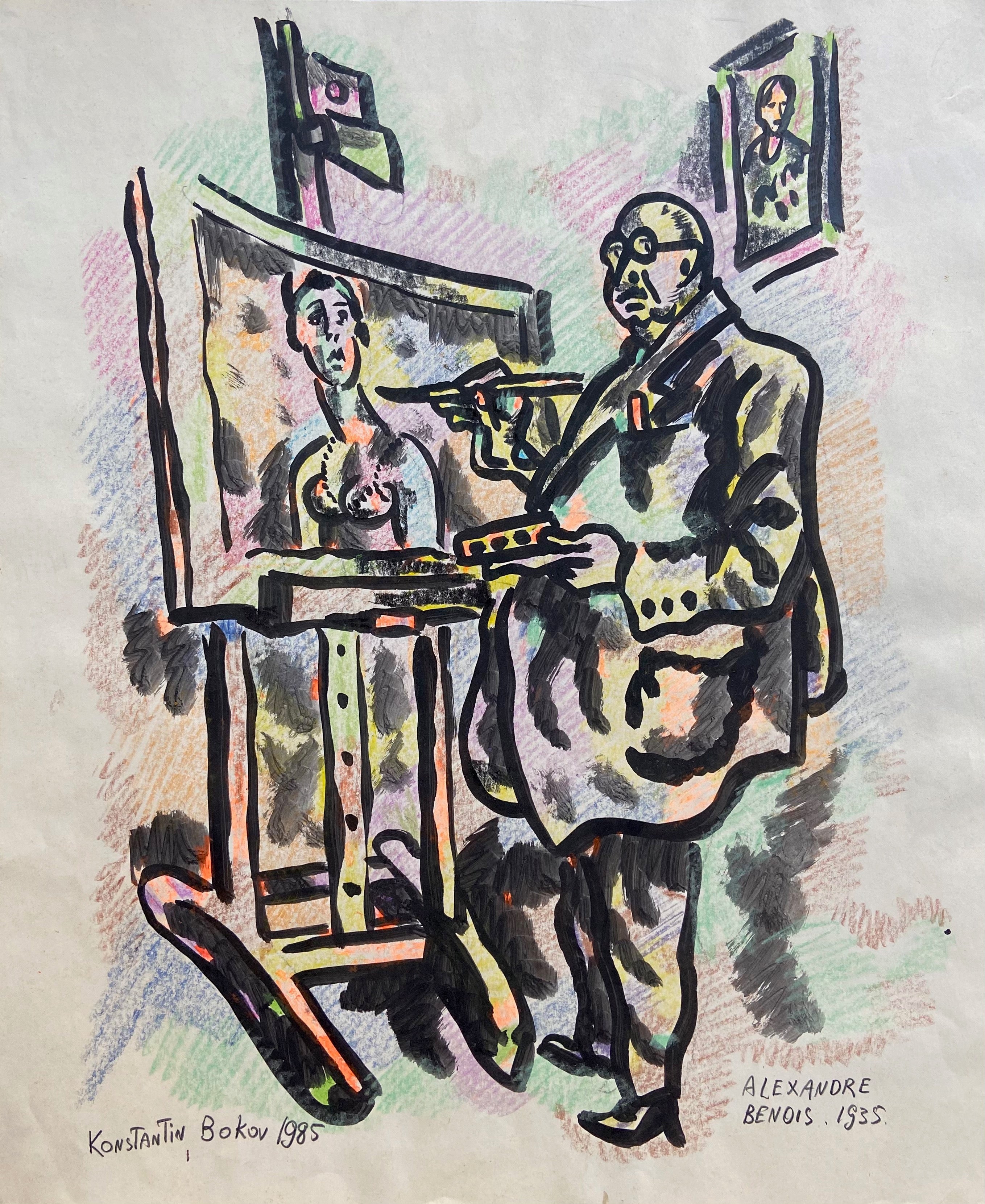 oil stick drawing of a man painting