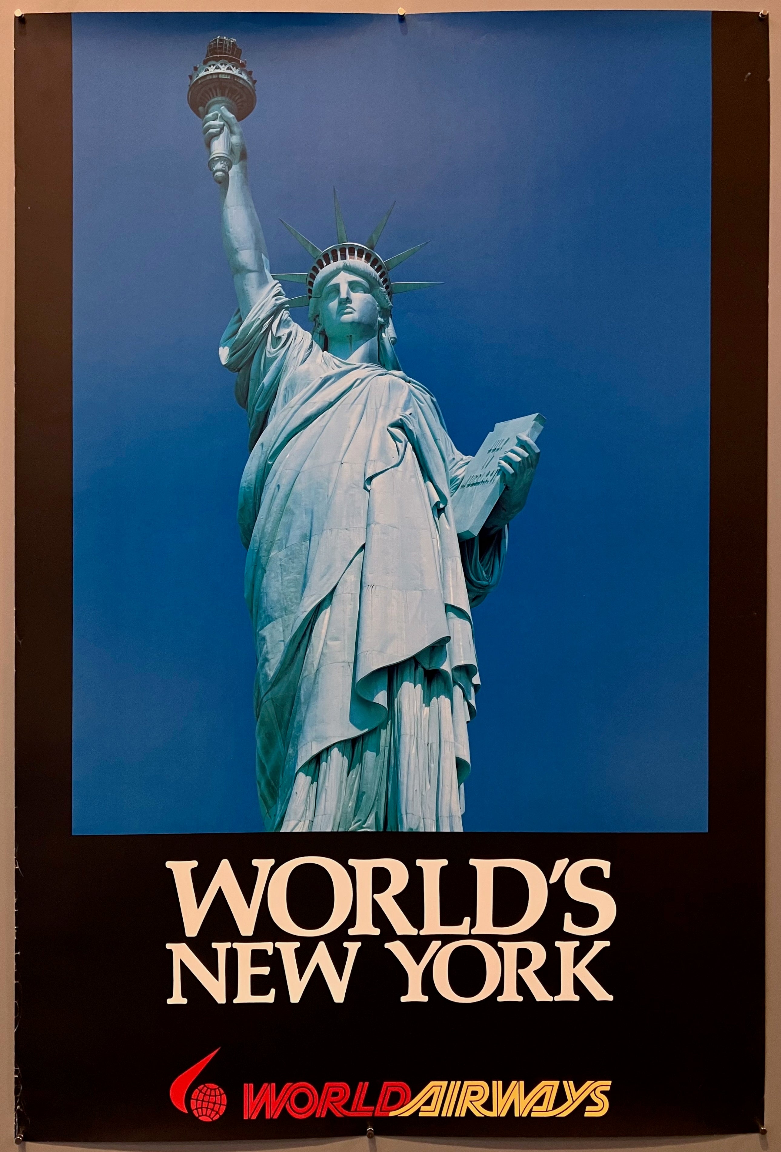 30x20 world airways poster advertising flights to new york featuring closeup color photo of statue of liberty