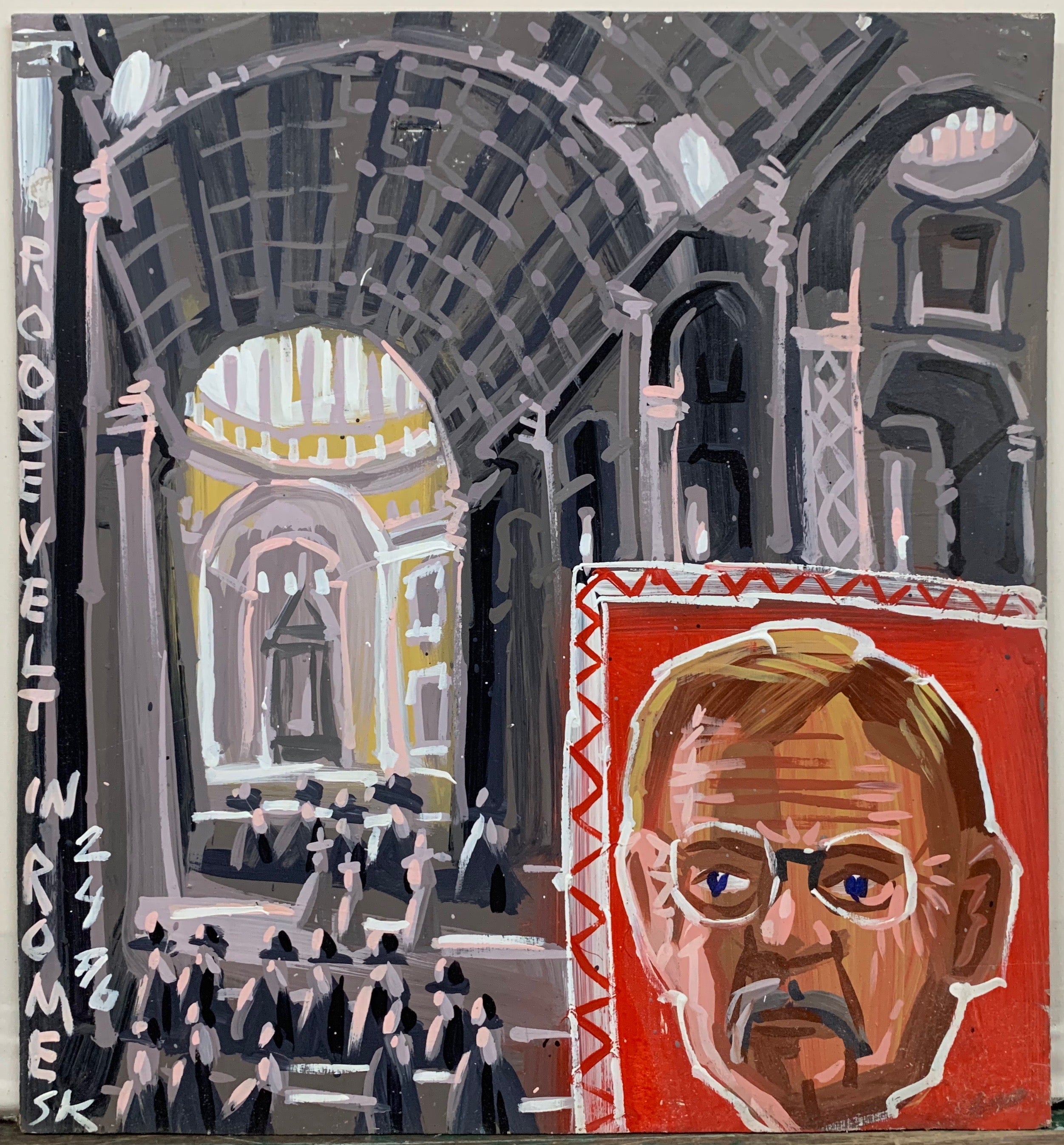 A Steve Keene painting of a black and white Roman Cathedral with a portrait of Theodore Roosevelt in the bottom right corner.