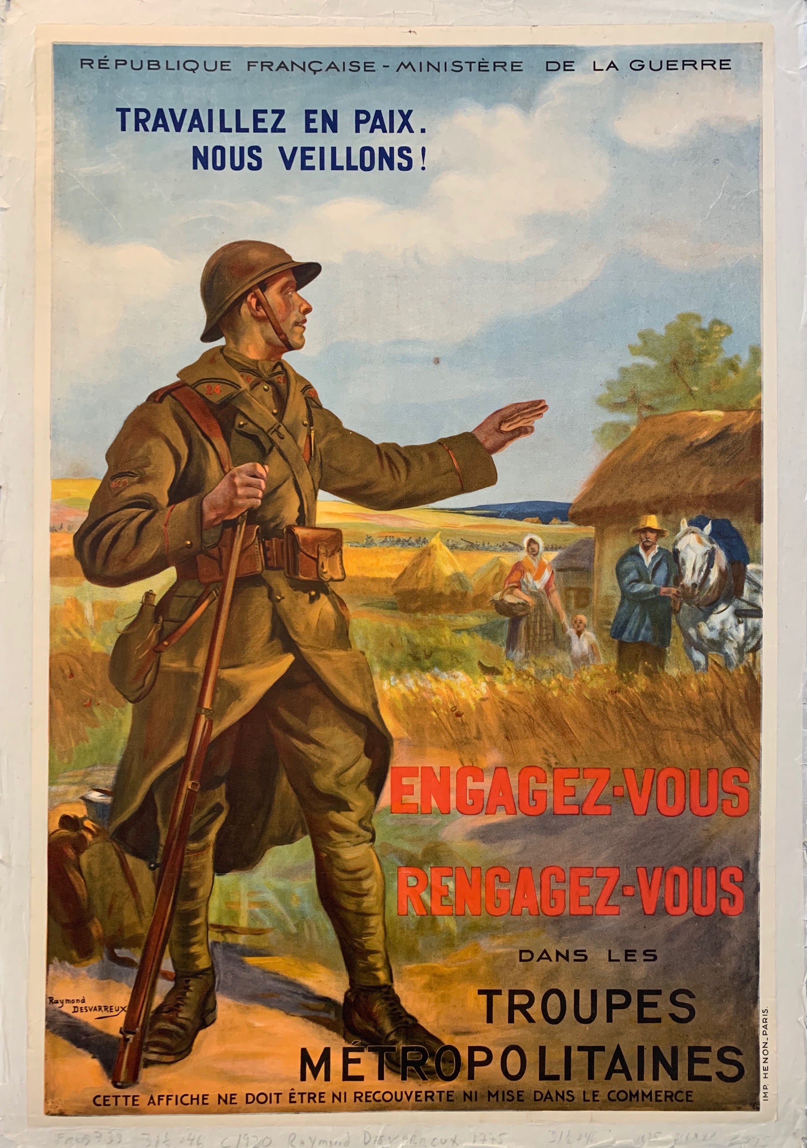 A painting of a soldier in a farm town talking to peasants in the background, very colorful with writing in red, black, and blue.