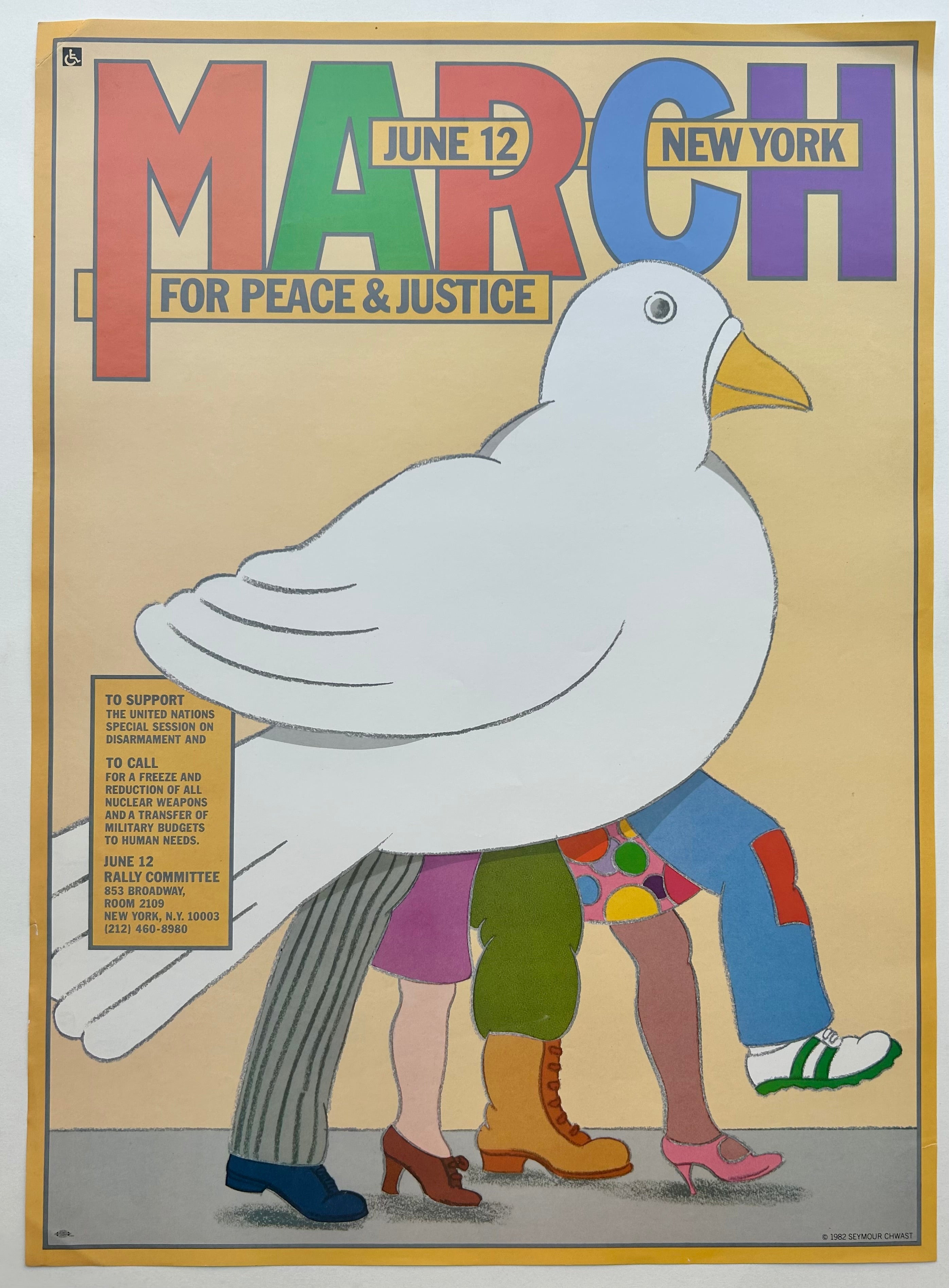Light yellow background with yellow border shows a sketch of a white dove with five legs walking under the bird. MARCH is written in orange, green, red, blue, and purple.