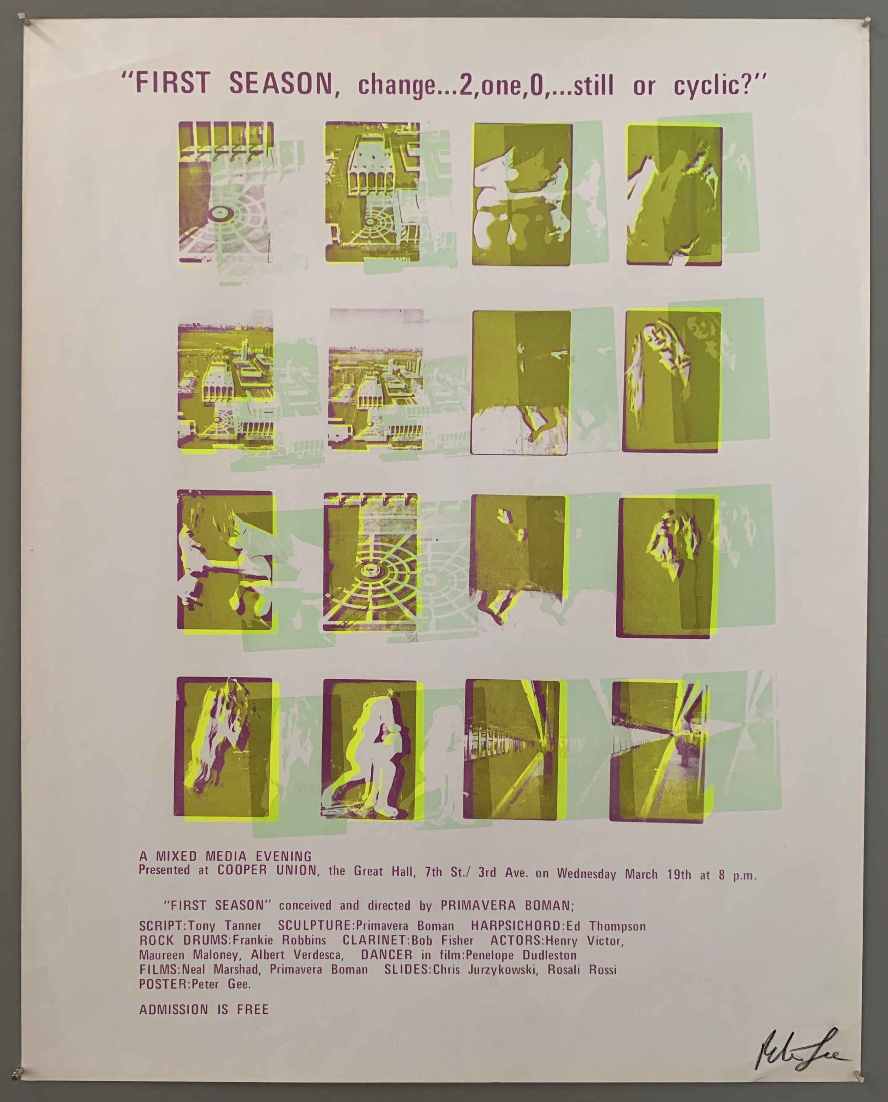 A series of squares containing scenes are shown. The text is on the top and the bottom in purple. The style of printing is pop art, where a lot of colors are put on top of each other. The colors featured are purple and neon yellow.