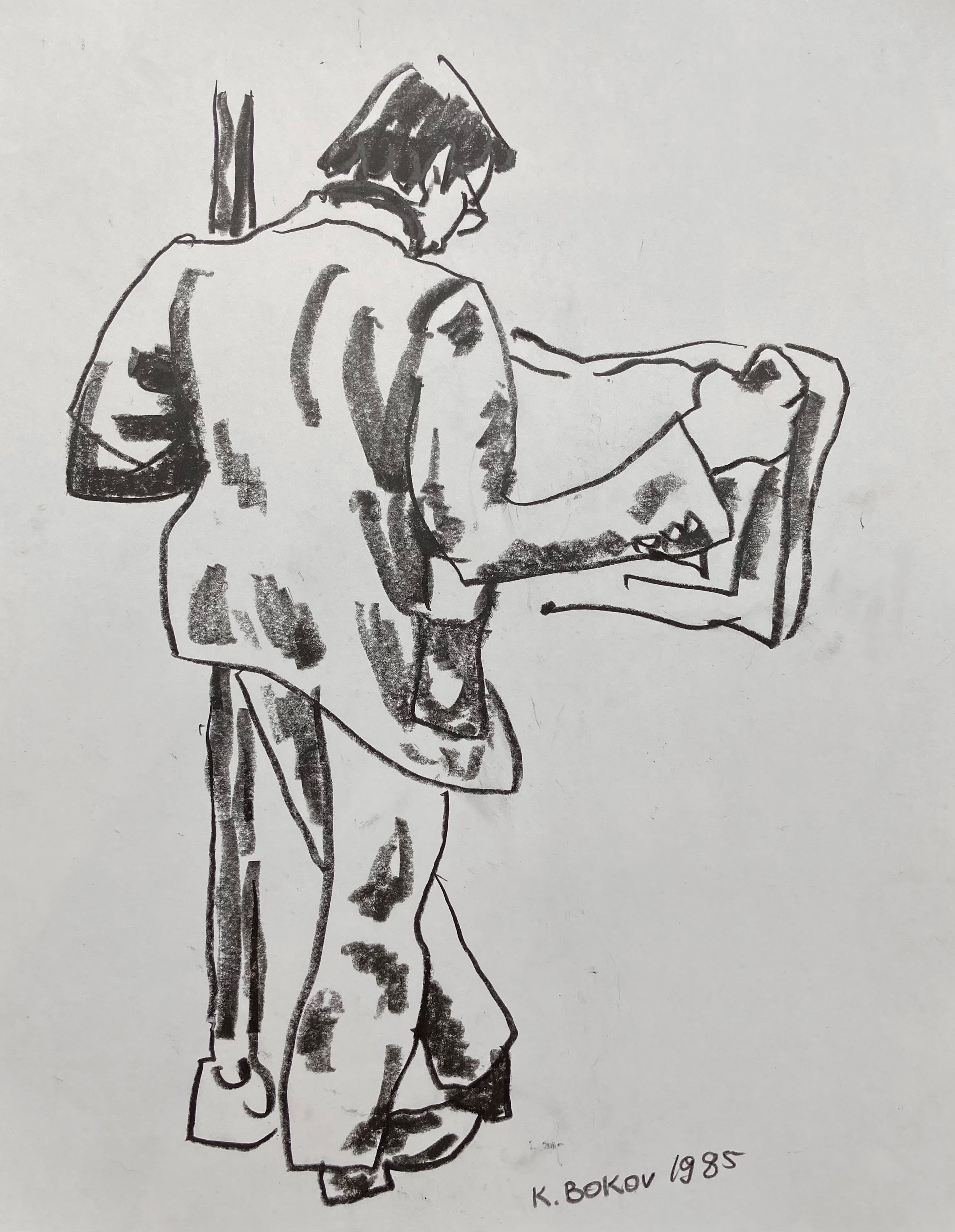 charcoal drawing of a man reading the newspaper