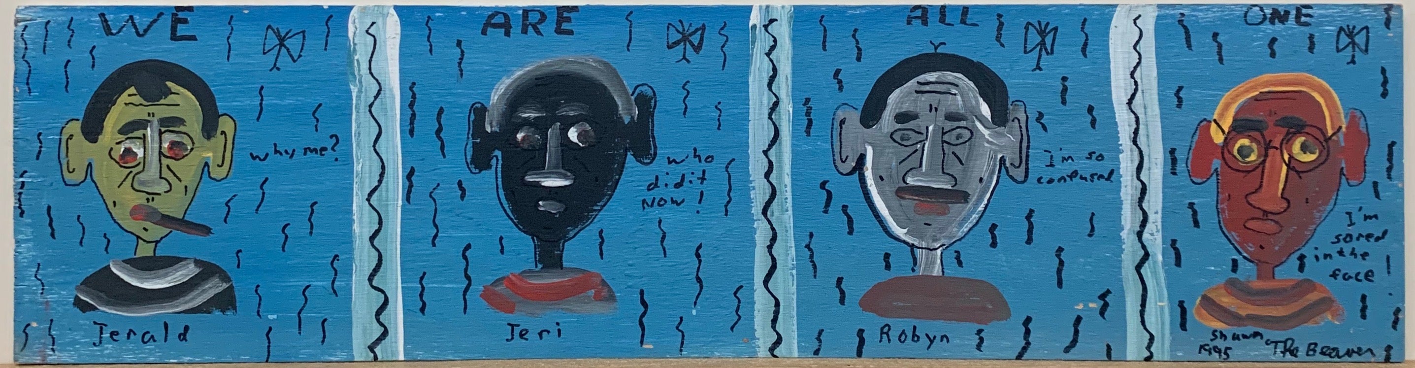 A painting by The Beaver divided into four quadrants, and inside of each is a portrait of different colored man.