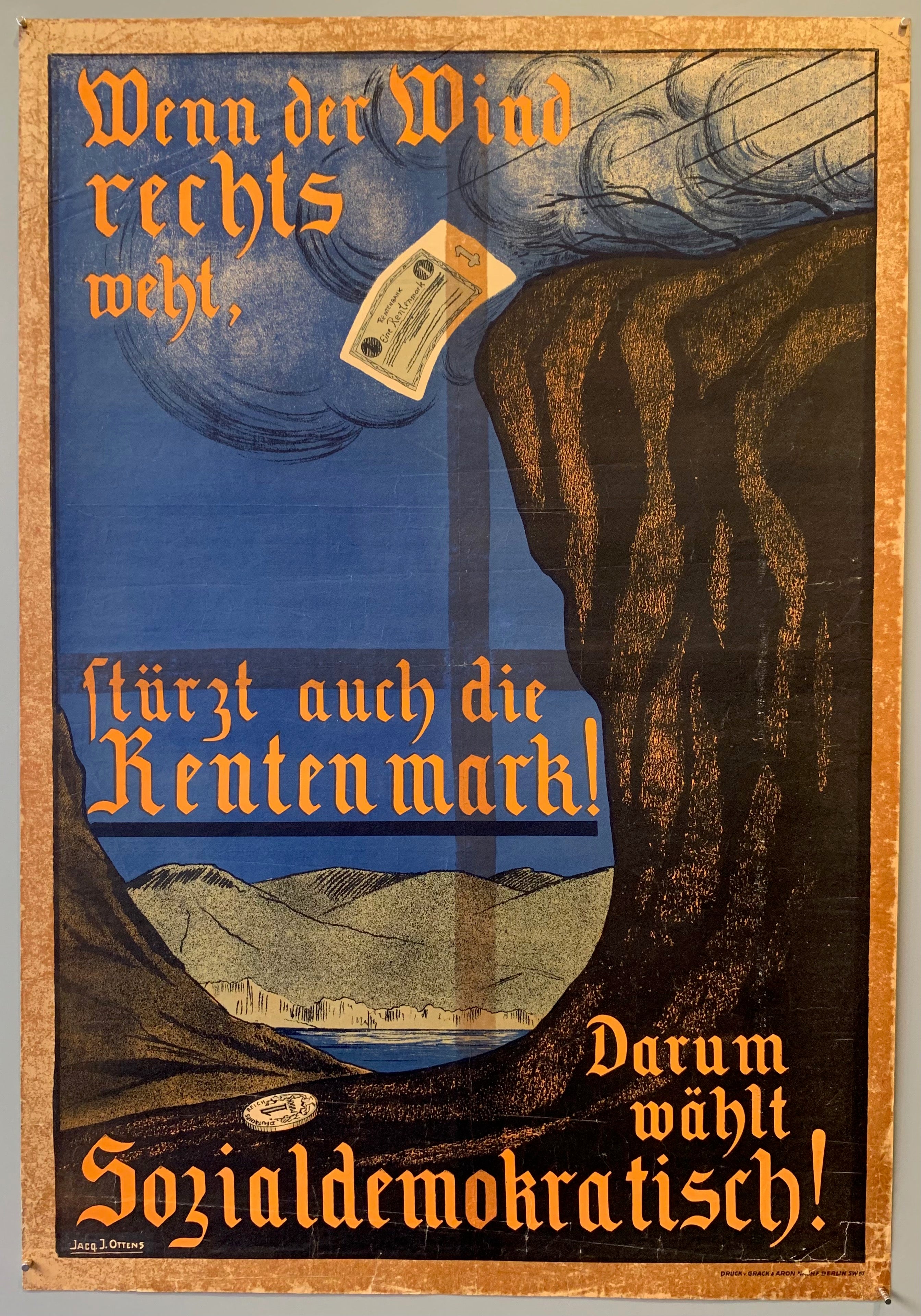 German political poster for social democracy, making a play on words, the poster reads that when the right is in charge, the pension mark falls. Pictured is a German mark flying off a cliff from winds coming from the right. Ottens made many political posters and died at only age 35.