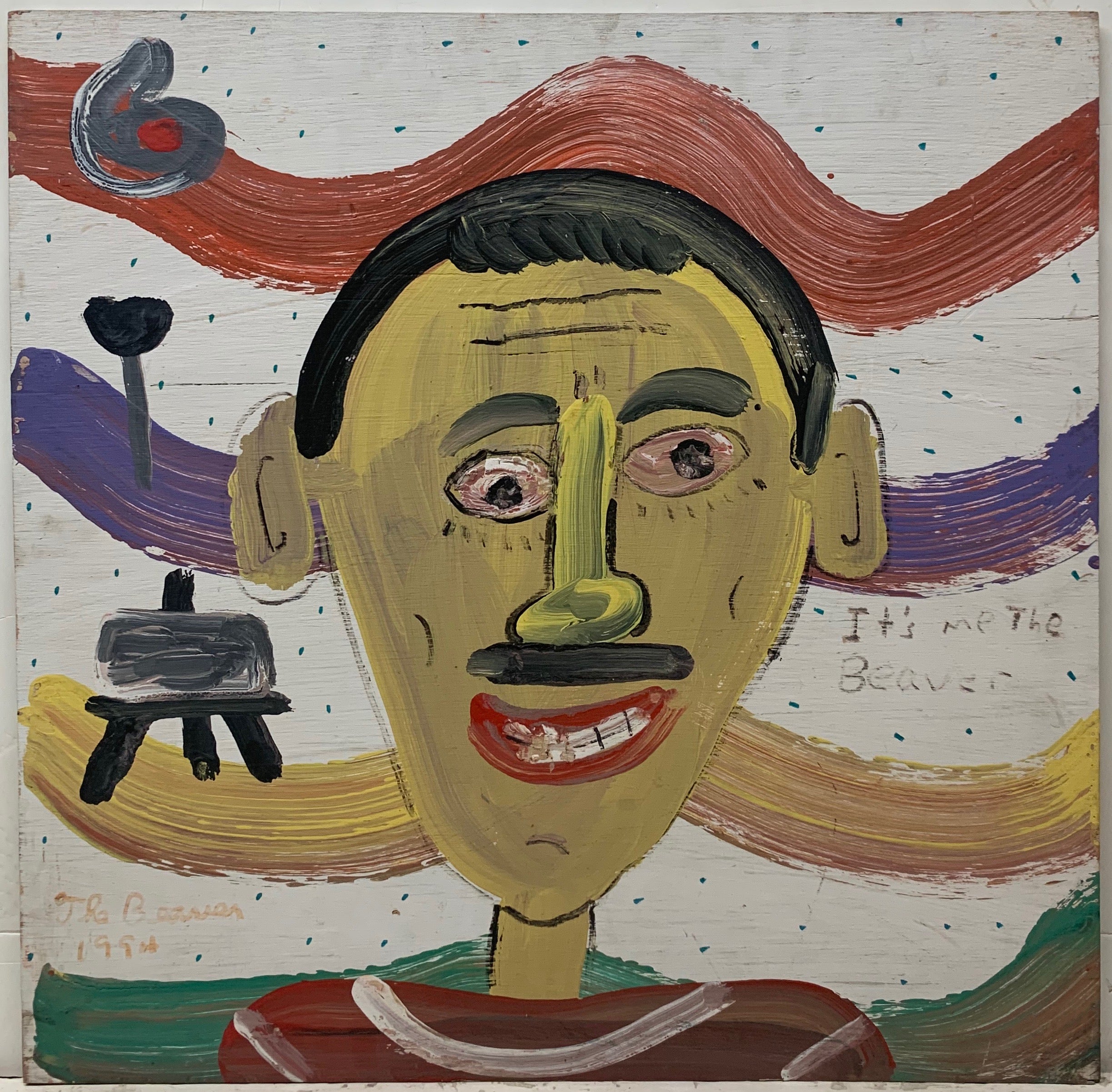 A self-portrait by the Beaver, set in front of a multi-colored, wavy background with an easel and the number six.