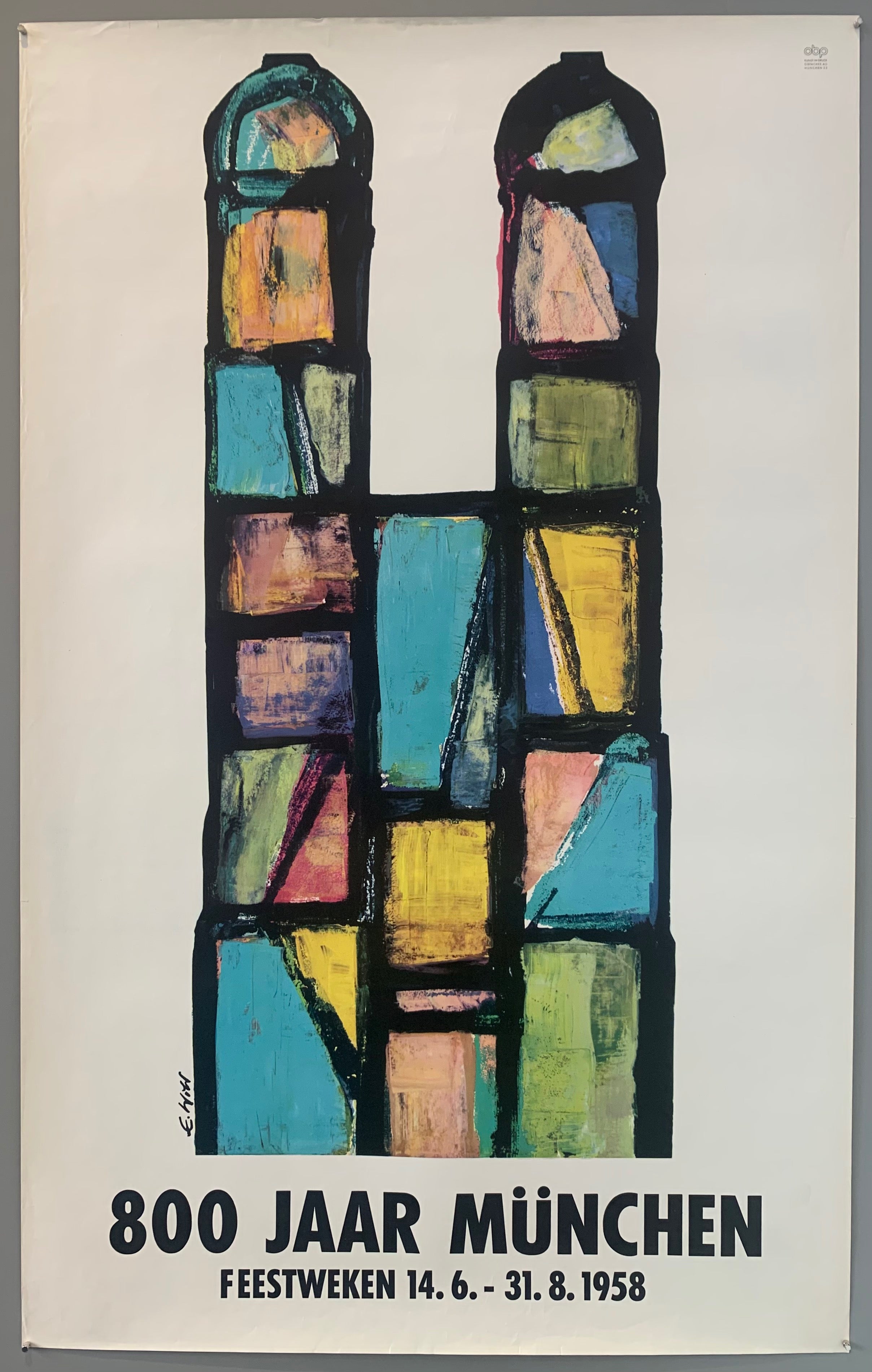 Poster for a fest week on Munich in 1958. Shows an abstract painting of the Frauenkirche in Munich. The Frauenkirche was built in the 12th century and went under much reconstruction after World War ll.
