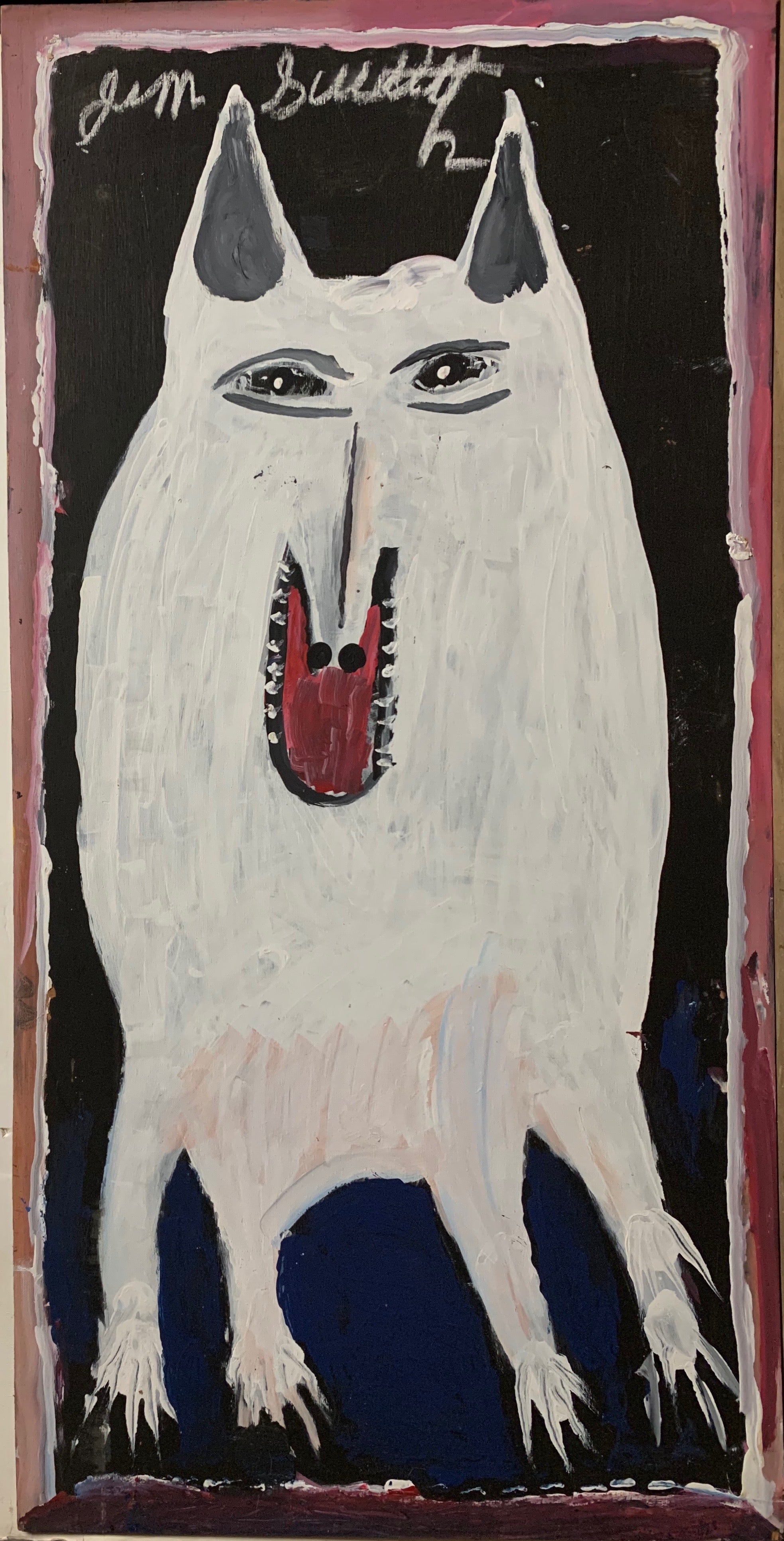 A painting of a white dog.