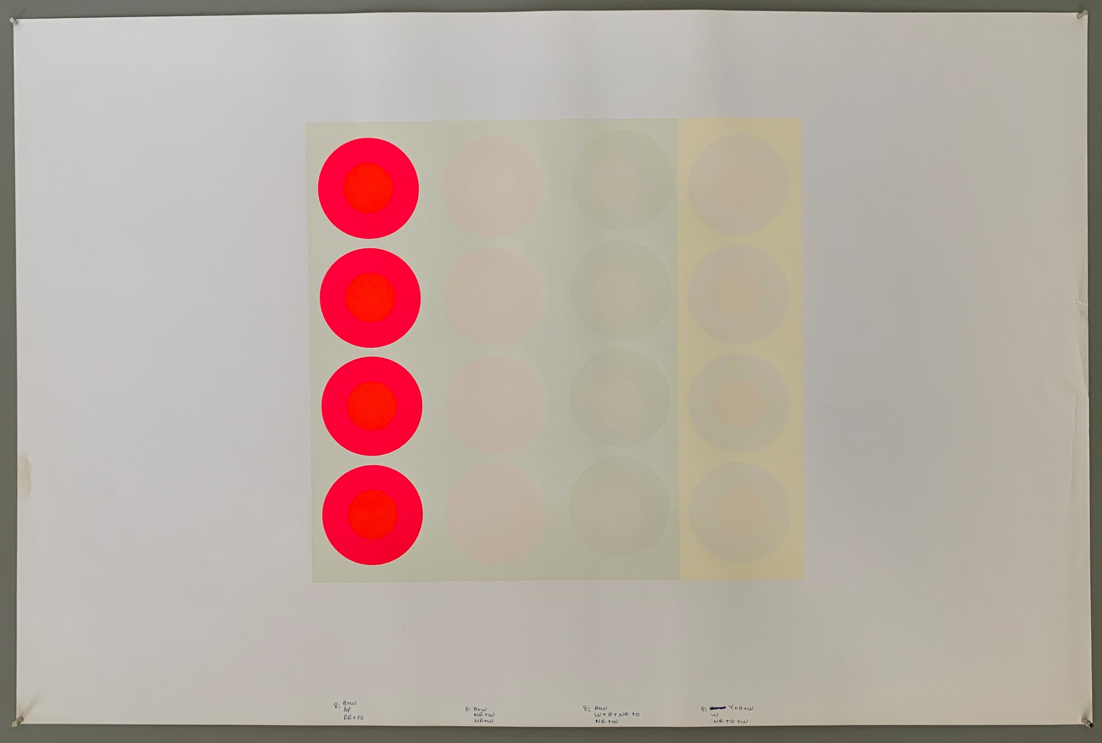 A rectangle made by four panels each holding a line of targets. The colors of this are quite brilliant — creamy pastel toned-whites with a pop of neon orange and pink.