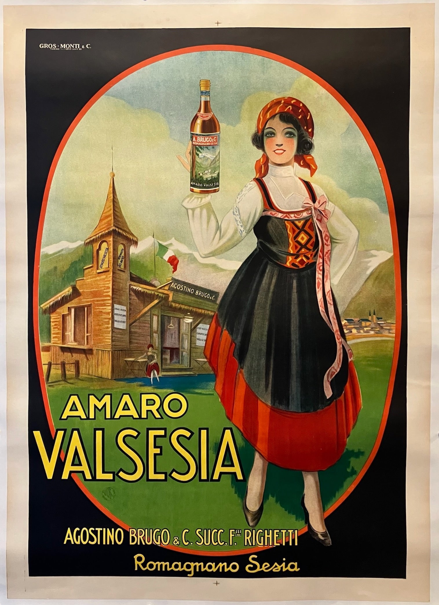 39x55.5 poster of a girl dressed in traditional French Alpine attire holding a bottle of Amaro Valsesia